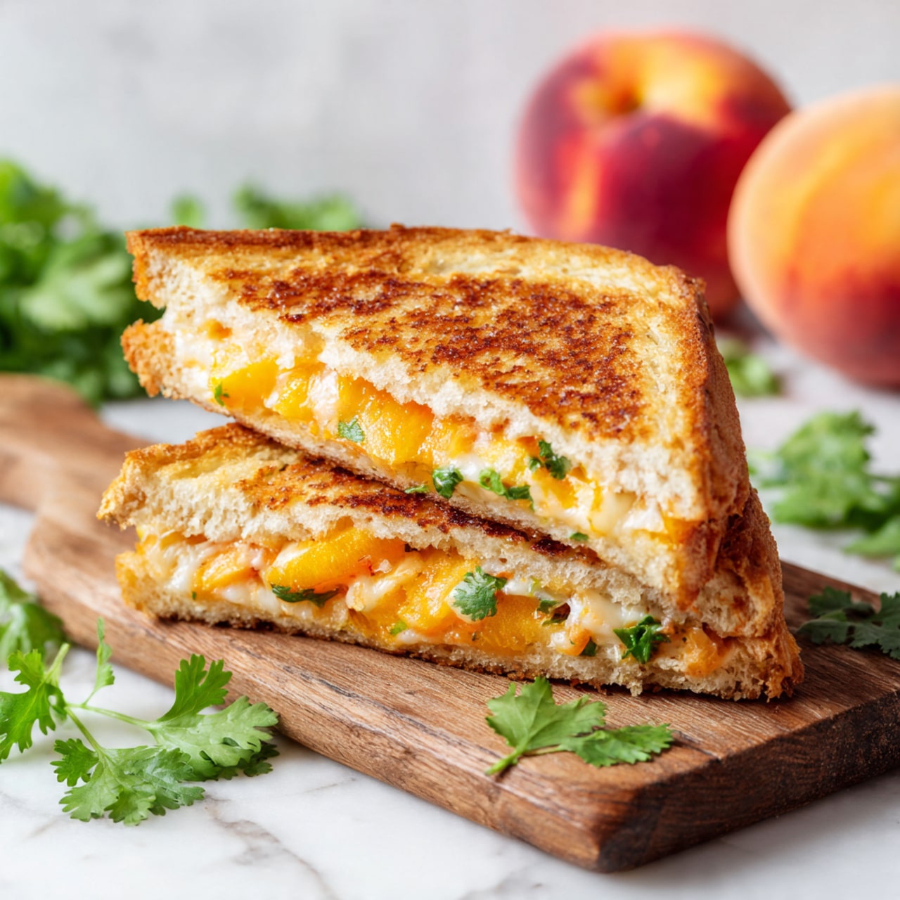 The image shows a grilled sandwich cut into two triangles, stacked on a small wooden board, placed on a white marbled surface. The sandwich has golden-brown toasted bread with crispy edges, and melted cheese mixed with chunks of bright orange peach visible between the slices. A few green cilantro leaves are scattered around the sandwich for garnish. In the background, there are two whole peaches with soft fuzz, adding color contrast and depth. The scene is lit softly, creating a fresh and inviting look. Photo taken with an iphone --ar 4:5 --v 7