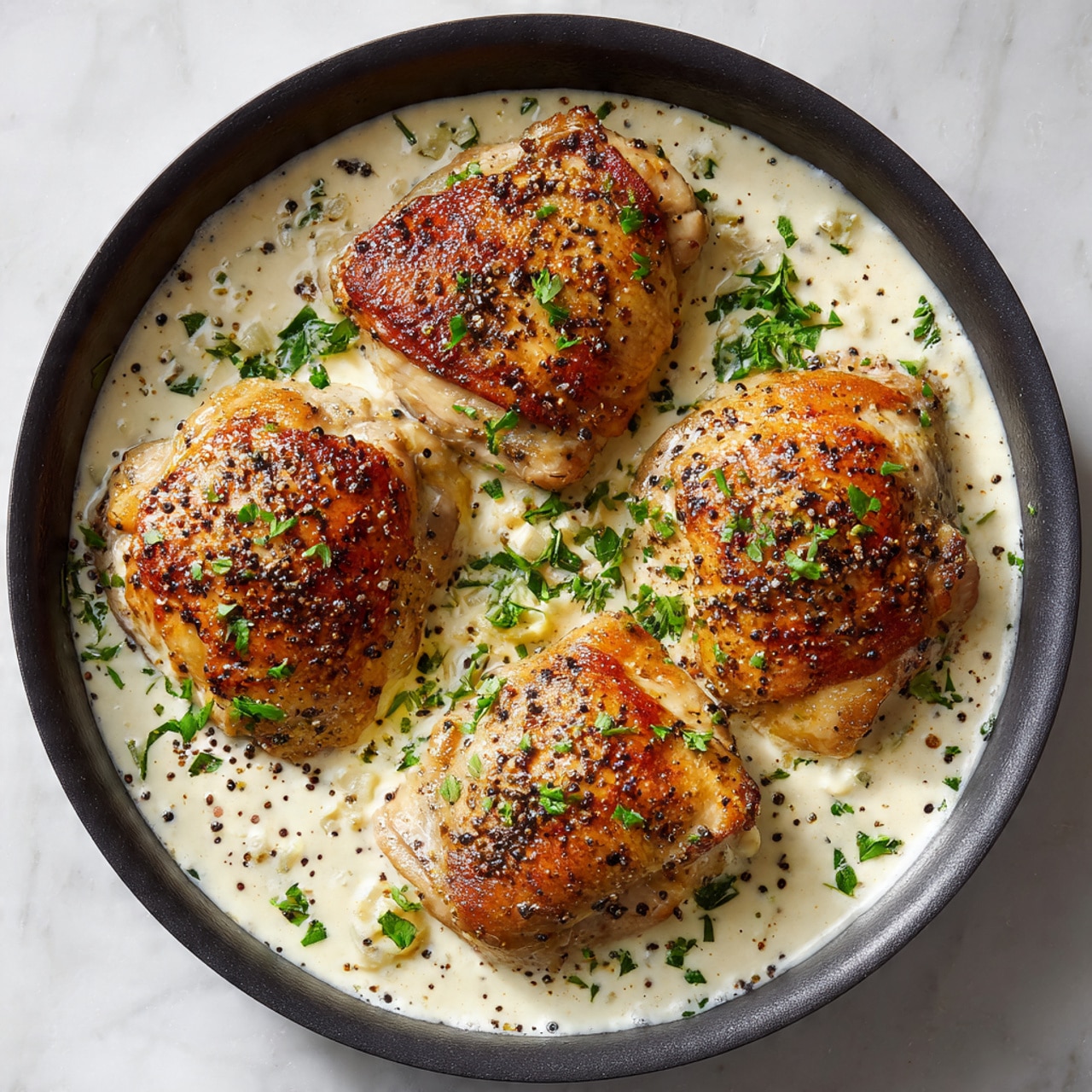 A close-up of four pieces of cooked chicken arranged in a black pan filled with creamy white sauce. The chicken pieces are lightly browned with small black pepper specks on top and sprinkled with chopped green herbs. The sauce has a smooth, rich texture and surrounds the chicken evenly. The pan sits on a white marbled surface. photo taken with an iphone --ar 4:5 --v 7