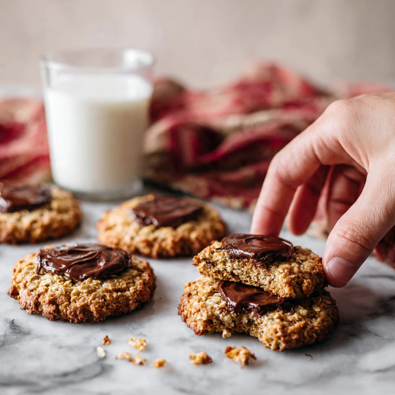 The image shows four oatmeal cookies with a dollop of dark chocolate spread on top of each one. The cookies are light golden brown with a rough, textured surface from the oats. One cookie in the front is broken in half, with some crumbs scattered around it. A tall glass of white milk is on the left side, partially in view. A woman's hand is reaching towards the broken cookie. The cookies and milk are placed on a white marbled surface with a red and beige cloth partially visible in the background. photo taken with an iphone --ar 4:5 --v 7