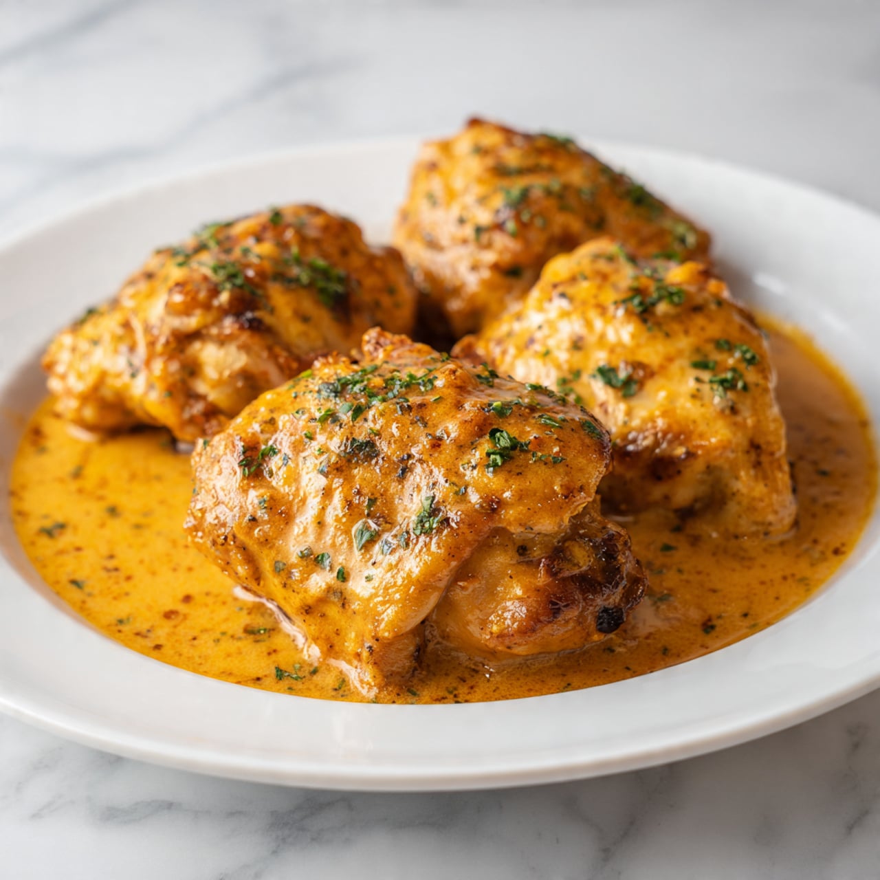 The image shows a white plate on a white marbled surface, holding three pieces of cooked chicken covered in a thick orange sauce with bits of herbs and spices. The chicken pieces are arranged with one piece closer to the camera and the other two slightly behind it. The sauce looks creamy and textured with visible small green herb leaves sprinkled on top. The chicken has a slightly browned and seasoned look with a shiny sauce coating. photo taken with an iphone --ar 4:5 --v 7