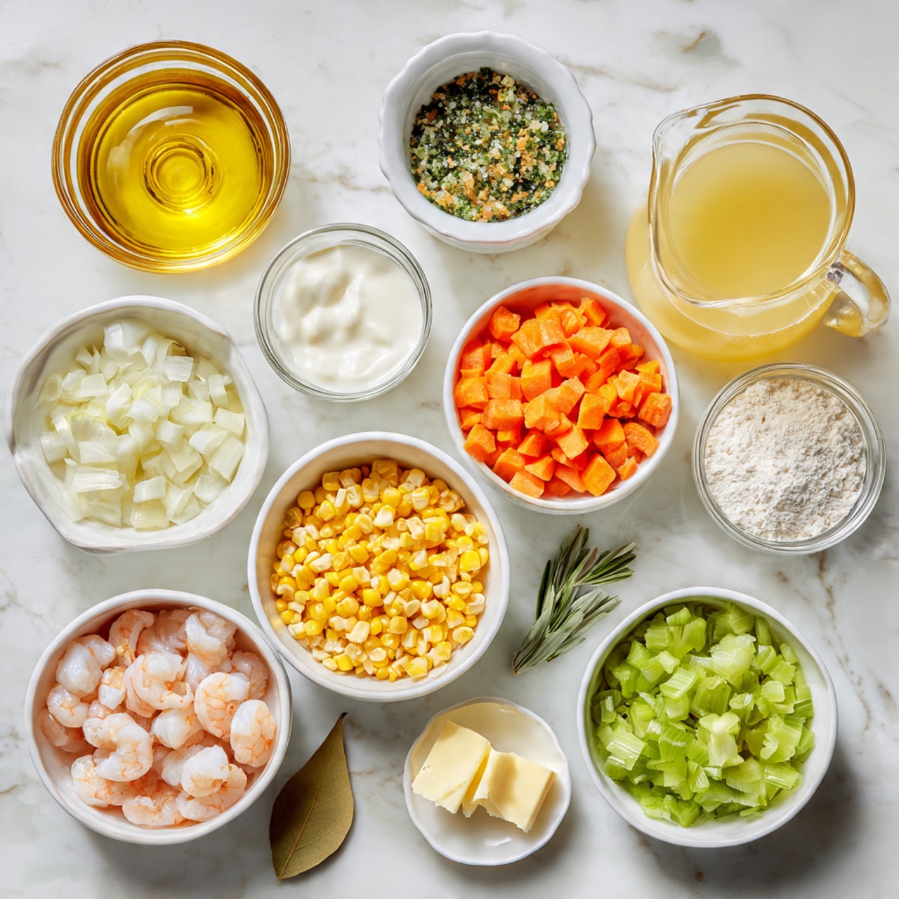 The image shows several white bowls arranged on a white marbled surface, each containing different ingredients. There are nine bowls and one small jug: the top left bowl holds golden yellow olive oil, next to it is a bowl with minced garlic and chopped herbs in green and beige colors. Below these, a bowl contains white chopped onions, and to its right is a bowl of diced orange carrots. A small glass jug filled with light yellow broth is to the upper right. Below that is a small glass jar with white cream. To the right is a bowl of chopped green celery. The center features a larger bowl filled with yellow corn kernels and cob pieces layered on top. At the bottom left, a white bowl holds peeled shrimp in light pink and off-white colors. A small bowl with two pats of light yellow butter sits near the center, and next to it, a small bowl contains white flour. A single dry bay leaf lies on the marbled surface near the bowl of shrimp. photo taken with an iphone --ar 4:5 --v 7