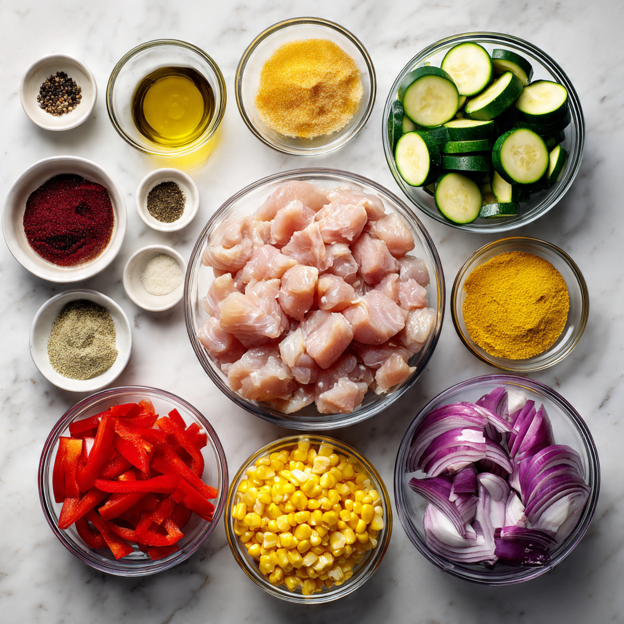This image shows a clean white marbled surface with several clear glass bowls arranged neatly. In the center, there is a large bowl filled with raw pale pink chicken pieces. Surrounding it, there are bowls of sliced green zucchini, bright red bell pepper strips, yellow corn kernels, and quartered purple onion layers. To the left, small bowls hold various spices including black pepper, brown mustard powder, and a reddish powder, along with mayonnaise, vinegar, oil, and a reddish sauce. All items are fresh and well-organized, ready for cooking. Photo taken with an iphone --ar 4:5 --v 7