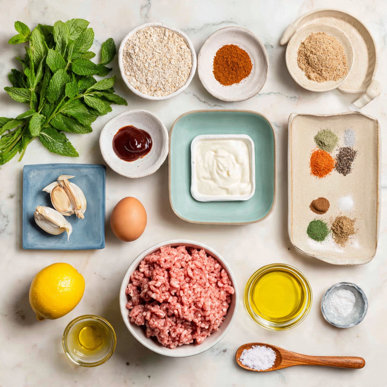 The image shows an overhead view of cooking ingredients neatly arranged on a white marbled surface. In the center, there is a white bowl filled with raw ground meat, pinkish in color. To the left, there is fresh green parsley and a bunch of mint leaves. Around the main bowl are smaller white bowls holding light brown bread crumbs and a square white bowl with creamy white yogurt or sauce. A blue plate holds four small piles of ground spices in shades of brown, red, and beige. A small beige plate displays two garlic cloves, a piece of onion ring with black pepper, a dollop of dark red sauce, and a smaller bright red sauce. Nearby are a whole yellow lemon, a brown egg, a whole onion, and a glass container with yellow olive oil. A tiny bowl with salt and a wooden spoon is at the bottom. The colors are soft and natural, and everything is spaced evenly. Photo taken with an iphone --ar 4:5 --v 7