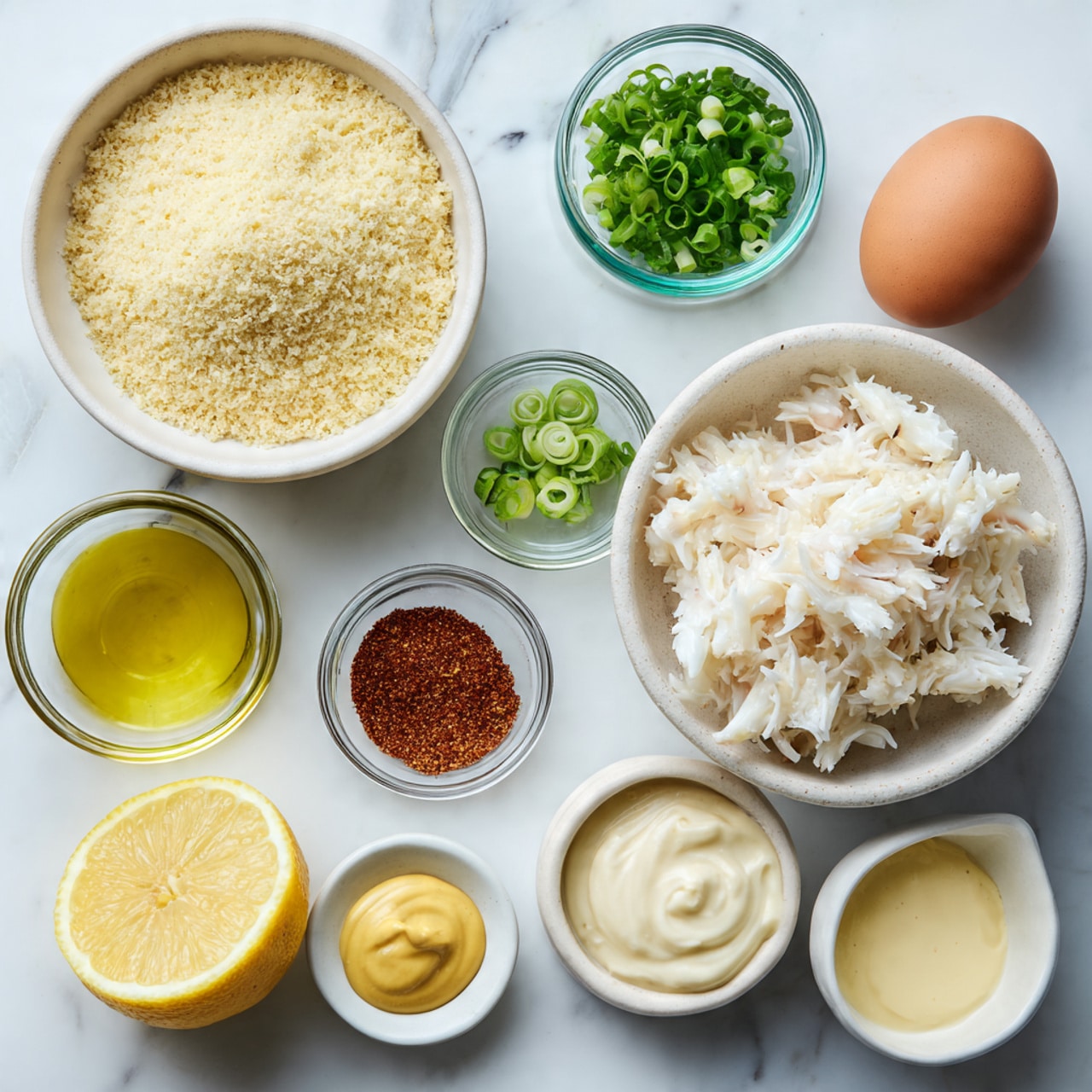 A top view of several small white bowls arranged on a white marbled surface, each holding different ingredients for a recipe. The largest bowl in the center contains shredded white crab meat with a soft, fibrous texture. At the top left, a white bowl is filled with pale yellow breadcrumbs. To the top right, a brown egg sits inside a small white bowl. Next to the egg, one small clear bowl holds chopped green herbs, and another holds chopped green onions. At the bottom left, a half lemon with bright yellow flesh lies directly on the surface. Nearby, a small clear bowl contains a reddish-brown spice blend. A tiny white bowl beside it holds smooth yellow mustard. Below the crab meat, a small white bowl has light yellow oil, and another white bowl next to that contains creamy pale mayonnaise. photo taken with an iphone --ar 4:5 --v 7
