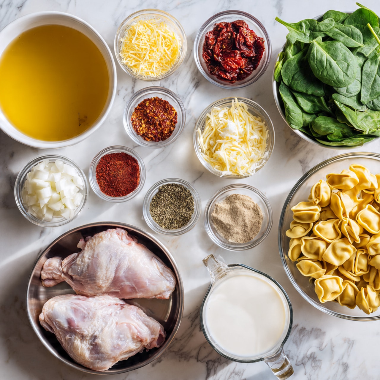 A white bowl filled with clear golden broth sits on the left side of the image. Surrounding it are multiple small white bowls and clear glass containers holding various ingredients: finely chopped white onions, shredded yellow cheese, grated white cheese, minced garlic, red tomato paste, sun-dried tomatoes, a small bowl of red spice powder, dried herbs, ground black pepper, salt, and a light yellow oil. In the center, a stainless steel bowl holds two raw turkey thighs with pale pink skin. To the right, a clear glass bowl contains uncooked yellow tortellini, and a large white bowl is filled with fresh green spinach leaves. There is also a small glass measuring cup with white liquid, likely milk or cream. All items are placed on a white marbled surface. photo taken with an iphone --ar 4:5 --v 7