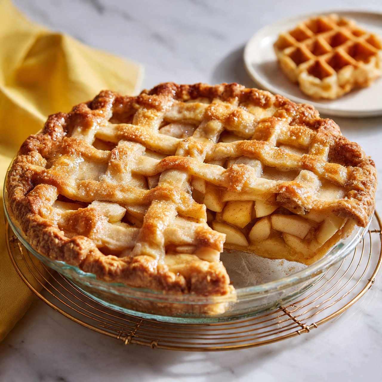 The image shows a round apple pie placed on a clear glass cooling rack over a white marbled surface. The pie has a golden-brown lattice crust made of thin, evenly woven strips of dough with a slightly shiny texture. Inside, the pie filling is light tan with visible soft apple slices. One wedge has been removed, revealing smooth, juicy layers of cooked apples with a soft texture. In the background, a white plate holds a golden waffle, slightly blurred, and a yellow cloth is partly visible on the side. A woman's hand is reaching toward the pie from the left side. Photo taken with an iphone --ar 4:5 --v 7