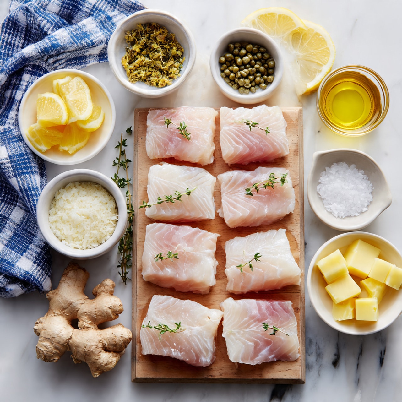 A white wooden board holds six raw, pale pink fillets of fish, arranged neatly in two rows. Small green thyme sprigs rest on top of the fillets. Around the board are small white bowls filled with yellow lemon wedges, minced garlic, grated lemon zest, and light yellow butter cubes. There is also a small white cup of honey, a white bowl of capers, a small glass jar of olive oil, a mound of salt crystals, and some fresh ginger root on a white marbled surface. A blue and white checkered cloth is partially visible on the left side. photo taken with an iphone --ar 4:5 --v 7