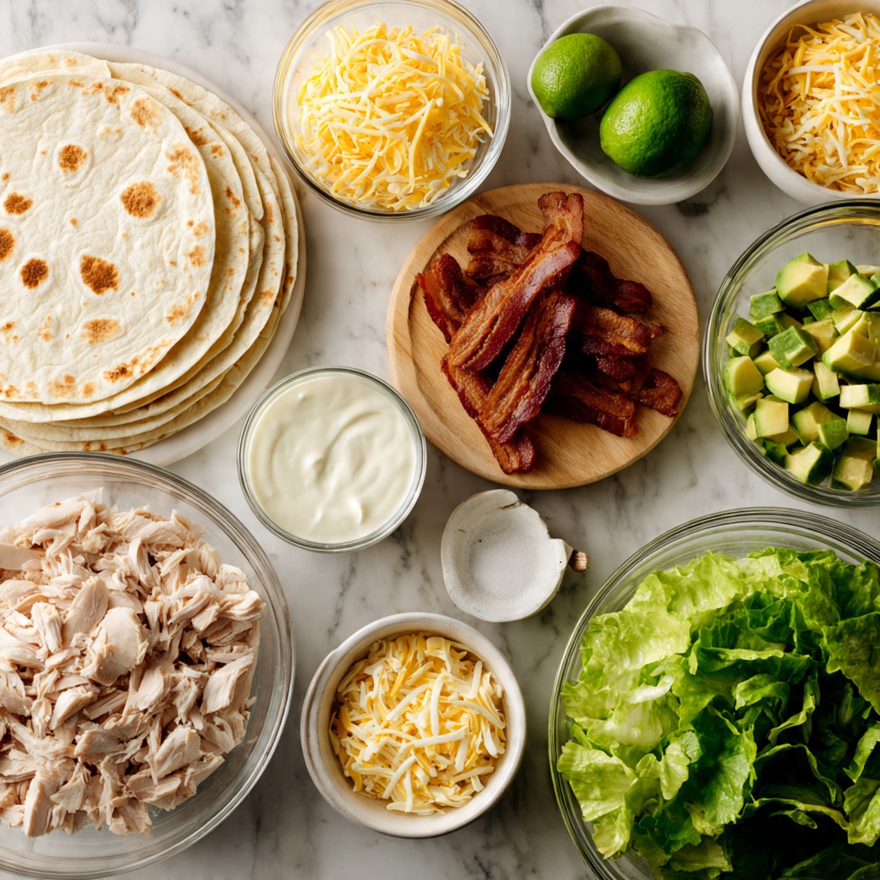 The image shows several clear glass bowls and white bowls placed on a white marbled surface, each holding different ingredients arranged neatly. On the left, there is a stack of soft, light beige tortillas with brown spots. Next to it, a small clear glass bowl contains white sauce, and below it, a medium clear glass bowl holds chopped light pink cooked chicken. To the right, a small white bowl has shredded yellow cheese, while above it a clear glass bowl has pieces of chicken with small red bits. At the center, a round wooden board holds crisp, dark brown bacon strips stacked on top. There is a whole green lime and a half lime near the bacon. Above the limes, a clear glass bowl filled with more shredded yellow cheese is placed. To the right, a white bowl contains diced green avocado cubes. At the far right, a large clear glass bowl is full of fresh, bright green lettuce leaves. In front, a small white bowl has more light-colored sauce. The overall look is clean and fresh, with a focus on layers of different textures and green, yellow, white, and brown colors. photo taken with an iphone --ar 4:5 --v 7