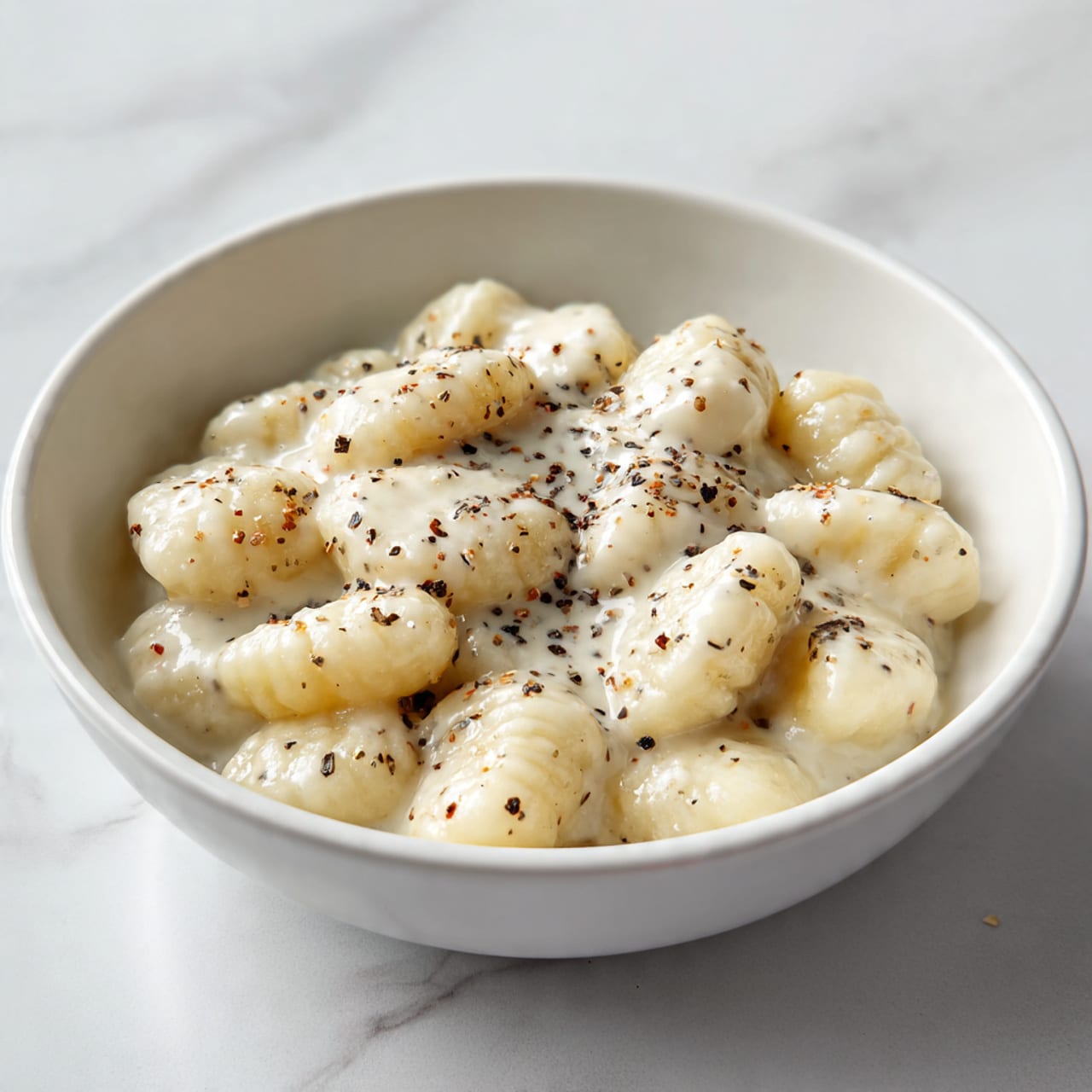 The image shows a white round bowl filled with small, soft gnocchi pieces covered in a creamy white sauce with visible black pepper sprinkled all over. Each gnocchi looks smooth and lightly coated with the sauce, creating a shiny texture. The bowl sits on a white marbled surface that reflects some light softly. The focus is tight, highlighting the texture of the sauce and the gnocchi closely. The lighting is natural, giving the dish a fresh and warm feel. Photo taken with an iphone --ar 4:5 --v 7