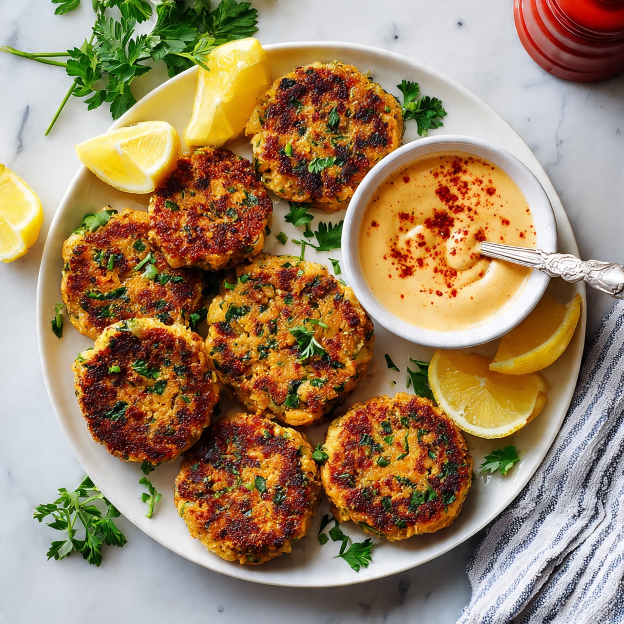 A white plate on a white marbled surface holds seven golden brown patties with visible green herbs and small white pieces, arranged in a circular pattern. Next to the patties, a small white bowl contains a creamy light tan sauce with red spice sprinkled on top, and a spoon inside the bowl. Around the plate are lemon wedges, a bunch of green parsley, a red container, and a striped white and blue cloth. Woman’s hand is holding one of the patties. Photo taken with an iphone --ar 4:5 --v 7