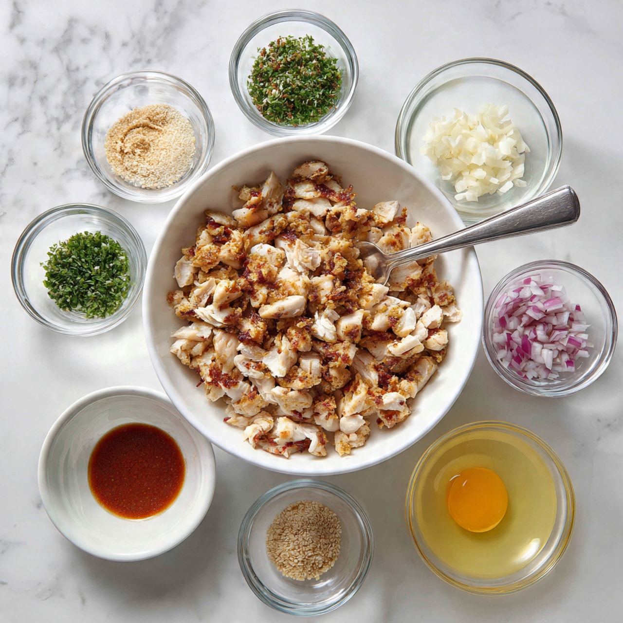A white bowl in the center filled with chopped chicken pieces that are light brown and white in color with a spoon inside. Surrounding the bowl in a circle are eight small clear glass bowls and one small reddish-brown bowl. They contain various ingredients: chopped green herbs, coarse salt, sesame seeds, finely chopped red onions, clear liquid, crushed garlic, a whole egg, and a thick white sauce. All items are placed on a white marbled surface. The photo taken with an iphone --ar 4:5 --v 7
