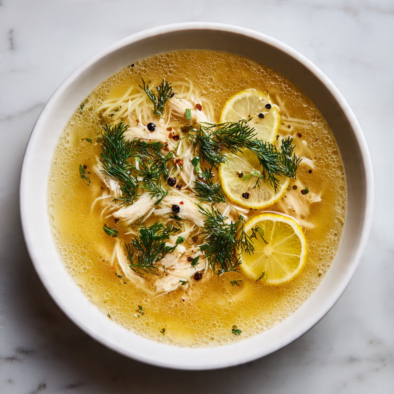 A shallow white bowl holds a clear golden broth with small bubbles on the surface. Inside the broth are tender white shredded pieces of chicken scattered evenly. Thin pale noodles mix with the chicken, floating throughout the soup. Bright green sprigs of fresh dill are sprinkled over the top, adding color contrast. Two thin, circular slices of lemon rest on one side of the bowl, partially submerged in the broth. Small black pepper flakes are sprinkled across the soup, and the bowl sits on a white marbled surface. photo taken with an iphone --ar 4:5 --v 7