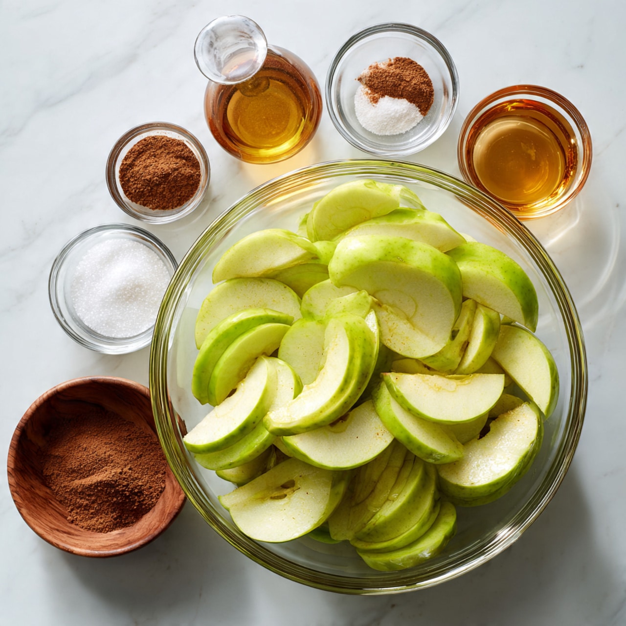 A clear glass bowl full of sliced green apples with light yellow-green shades, arranged in rough layers showing the curved shapes of each slice. Around the bowl, small clear glass containers hold white granulated sugar, brown cinnamon powder, darker cinnamon powder, a small amount of white salt in a wooden bowl, and a small glass with light amber liquid. The whole setup rests on a white marbled surface with soft light shining evenly from above photo taken with an iphone --ar 4:5 --v 7