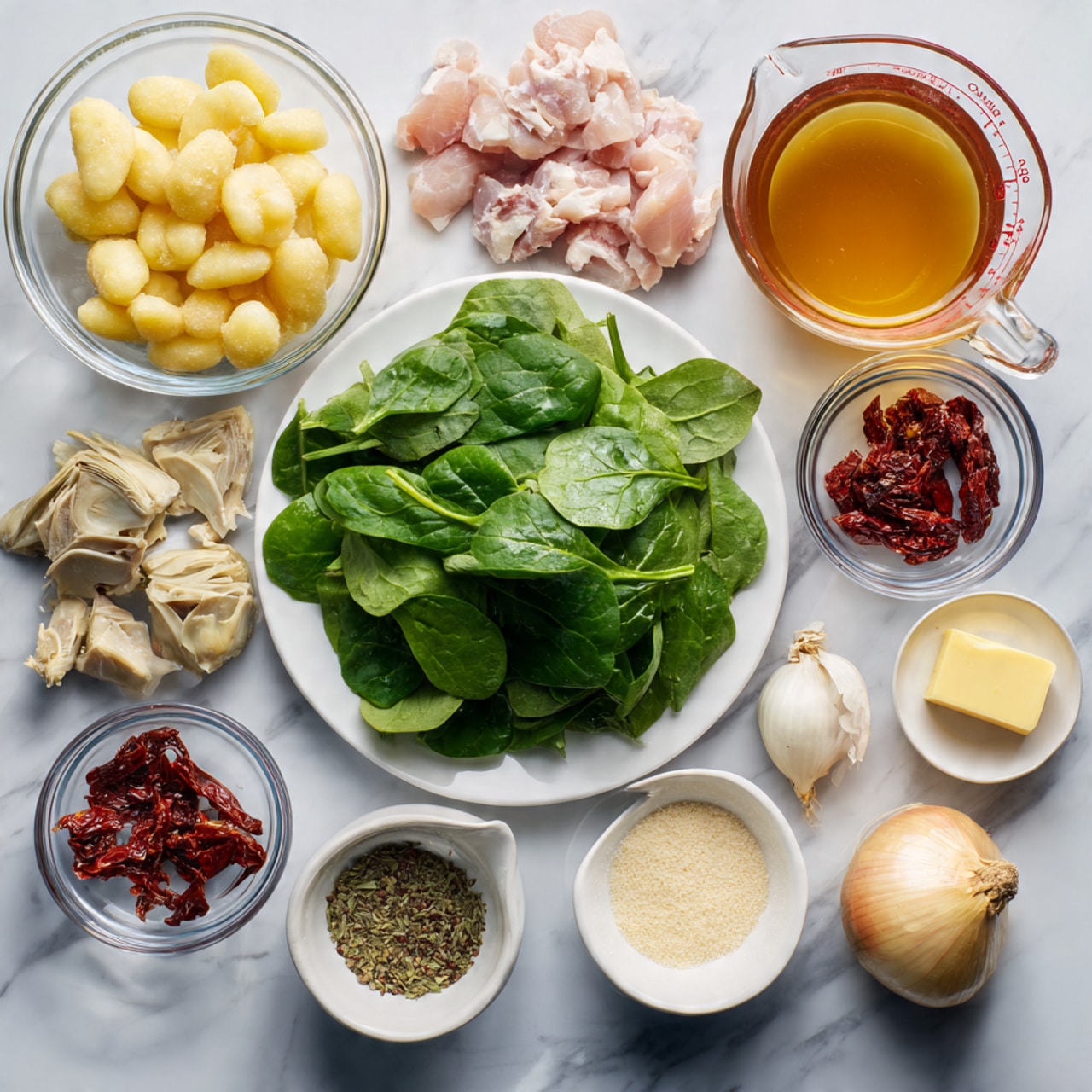 The image shows an assortment of ingredients arranged on a white marbled surface with a large white plate filled with fresh green spinach leaves in the center. Around the plate, there are clear glass bowls containing pale yellow gnocchi, light pink pieces of raw chicken, sliced artichoke hearts, and dark reddish sun-dried tomatoes. A glass measuring cup with amber-colored broth sits to the right. Smaller white bowls contain grated parmesan cheese, dried mixed herbs with red chili flakes, a light beige flour or powder, a small square of light yellow butter, and some whole shallots with garlic cloves. The ingredients are neatly placed with clear textures and vibrant natural colors, photo taken with an iphone --ar 4:5 --v 7