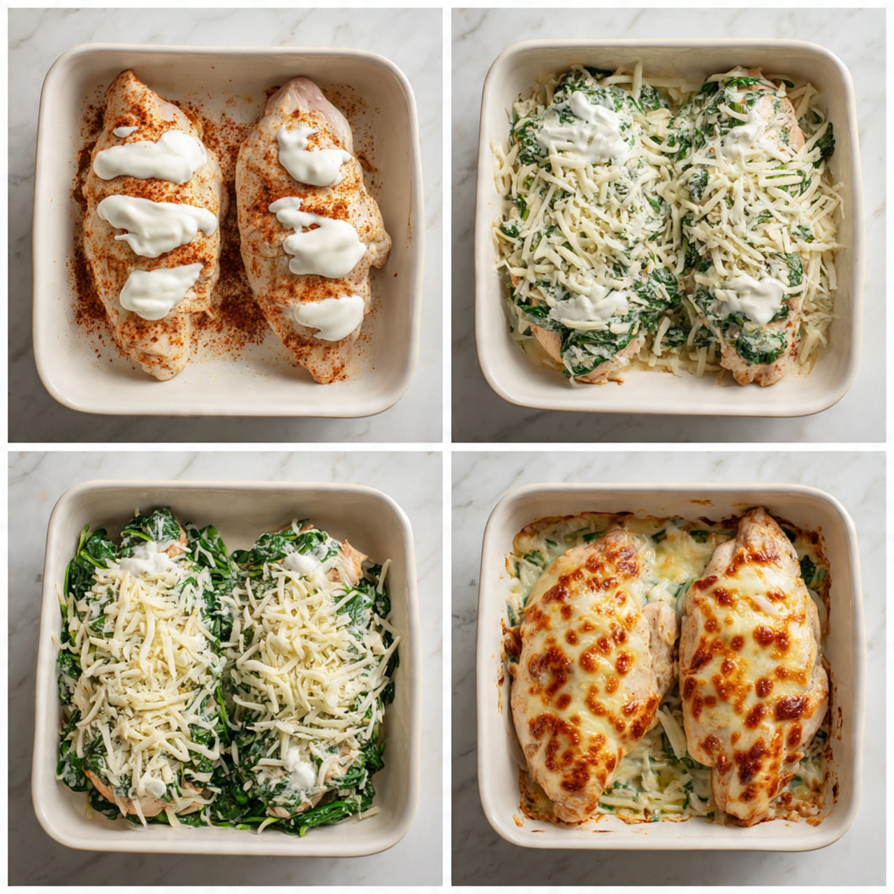 The image shows a white baking dish on a white marbled surface with four chicken pieces. The first layer has raw chicken with a light brown spice rub covering the surface of the meat. The second layer adds dollops of white creamy sauce spread evenly across each chicken piece. The third layer places chopped fresh green spinach on top of the sauce in a loose and uneven manner. The fourth and final layer is shredded white cheese generously covering the chicken and spinach, spread carefully but not perfectly even. The last photo shows the cooked dish with bubbling golden-brown cheese melted on top and some browned spots, giving a crispy texture to the cheese and spinach beneath. Photo taken with an iphone --ar 4:5 --v 7