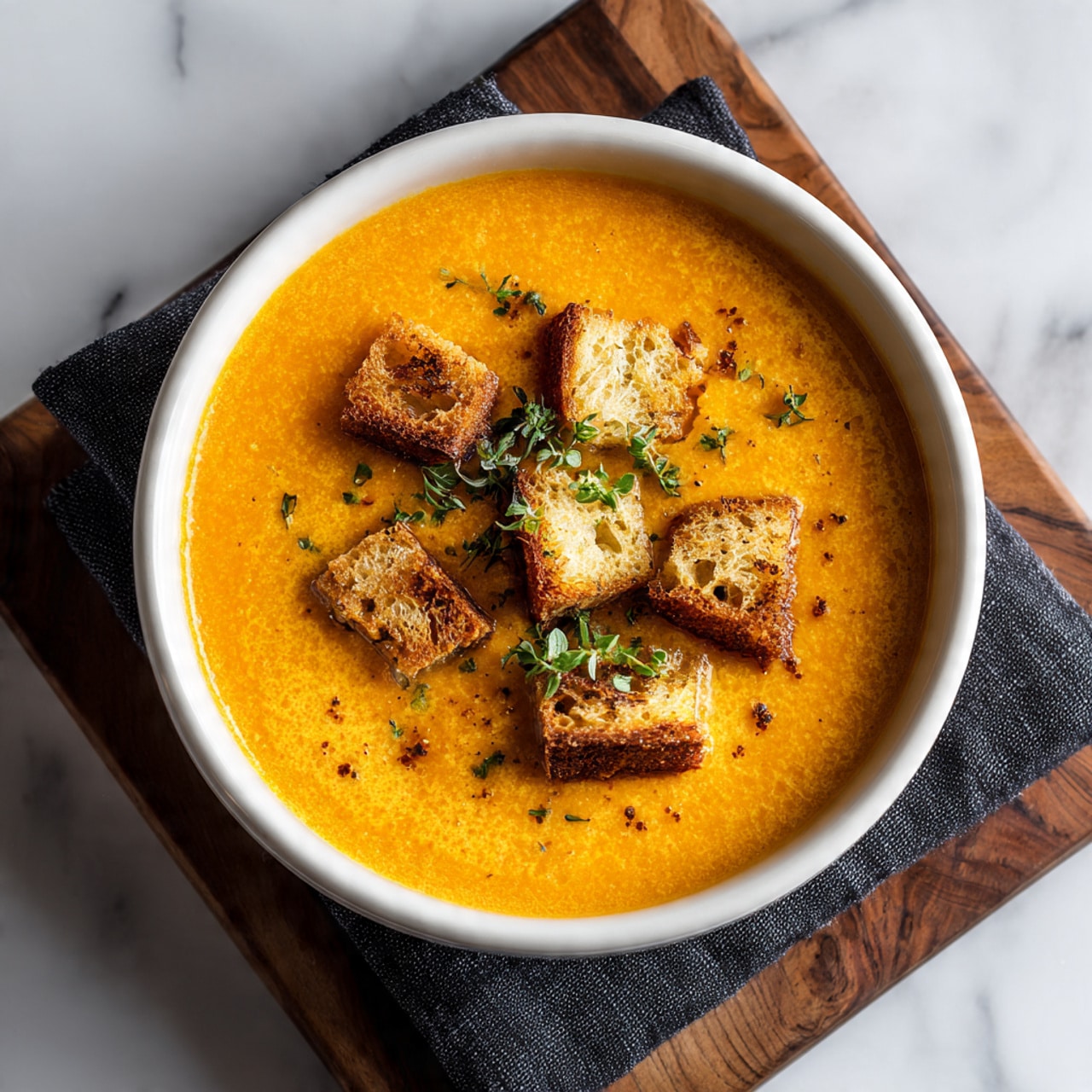 The image shows a bowl of smooth orange soup, topped with several small pieces of toasted bread that look crisp and golden brown. The soup fills most of the white bowl, which rests on a dark cloth on a wooden block, all set on a white marbled surface. The soup has a creamy texture with a few small herbs sprinkled lightly on top near the bread pieces. Photo taken with an iphone --ar 4:5 --v 7