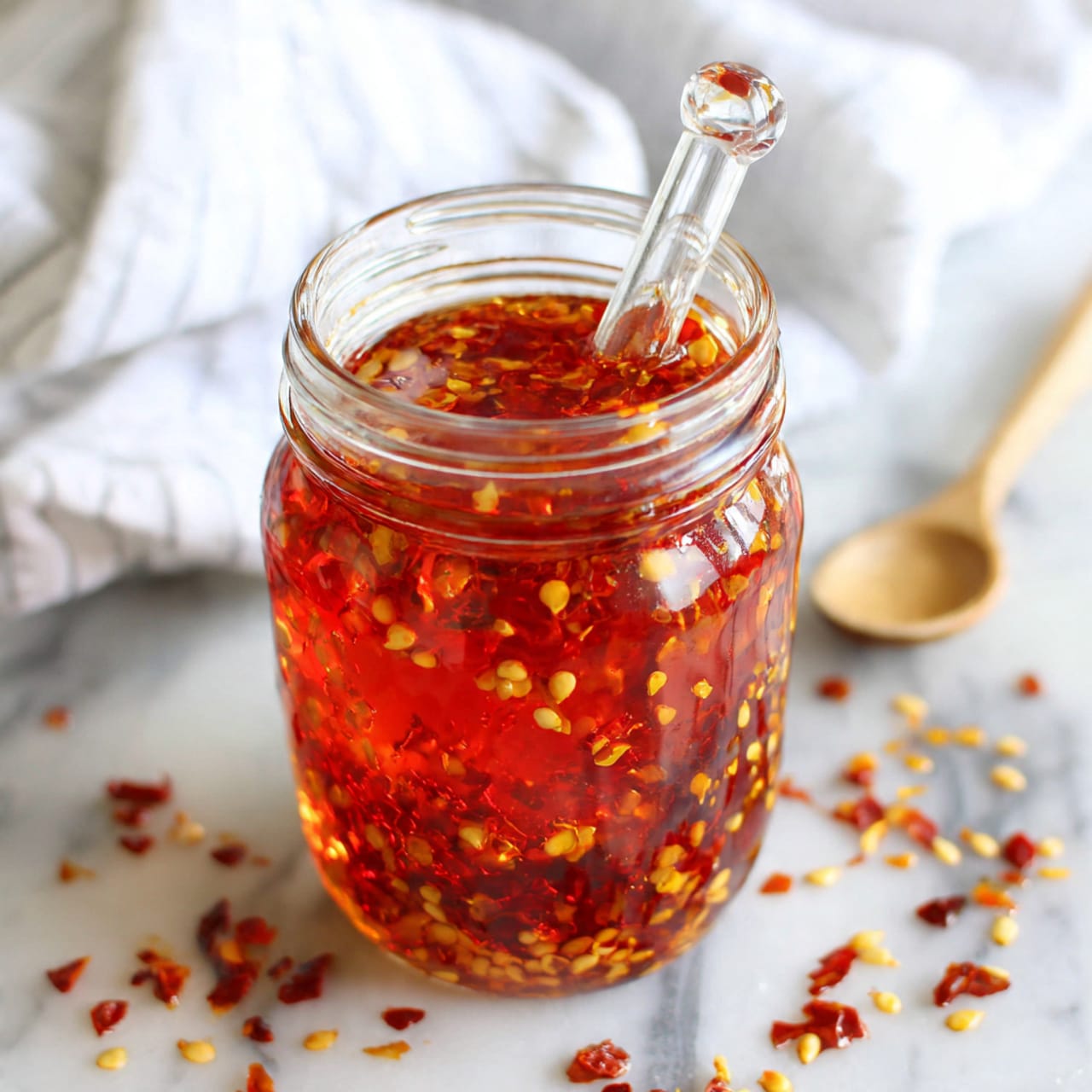A clear glass jar filled almost to the top with bright red chili oil, scattered with light yellow chili seeds and small pieces of crushed red chili flakes floating on the surface. A clear glass dropper rests inside the jar, showing some of the chili oil inside. The jar sits on a white marbled surface with a few scattered chili flakes around it. In the blurred background, a white striped cloth and a small white spoon with a light brown handle are visible. Photo taken with an iphone --ar 4:5 --v 7