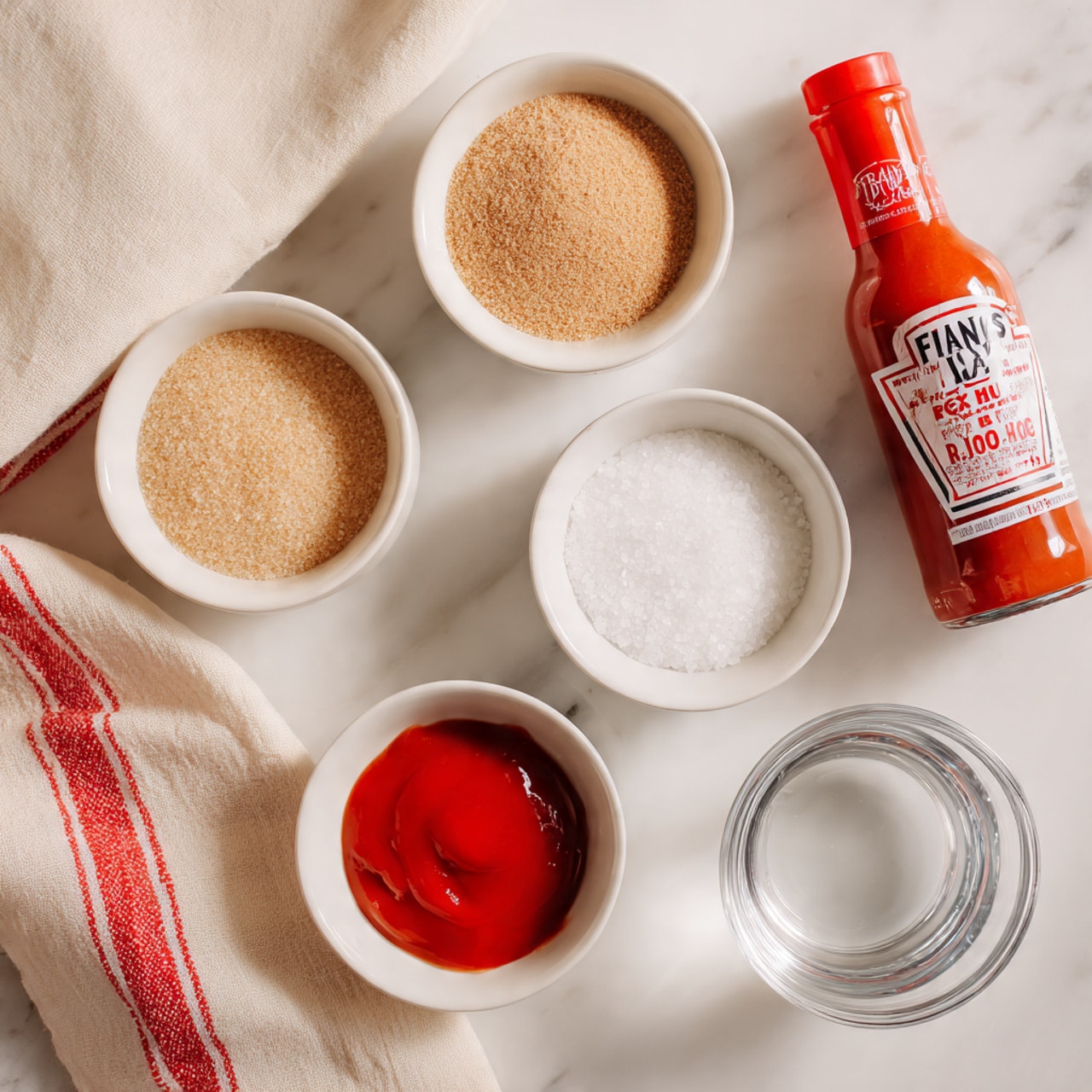 A flat shot shows six small white bowls arranged on a white marbled surface. The top left bowl contains light brown sugar with a coarse texture, the top middle bowl holds a pale beige powder, and the top right has a bottle of Frank's RedHot sauce tilted with the label visible. The bottom left bowl is filled with white salt crystals, the bottom middle has bright red ketchup with a smooth texture, and the bottom right holds clear water in a glass bowl. A beige and red striped cloth lies in the top left corner, adding a soft fabric detail to the scene. photo taken with an iphone --ar 4:5 --v 7
