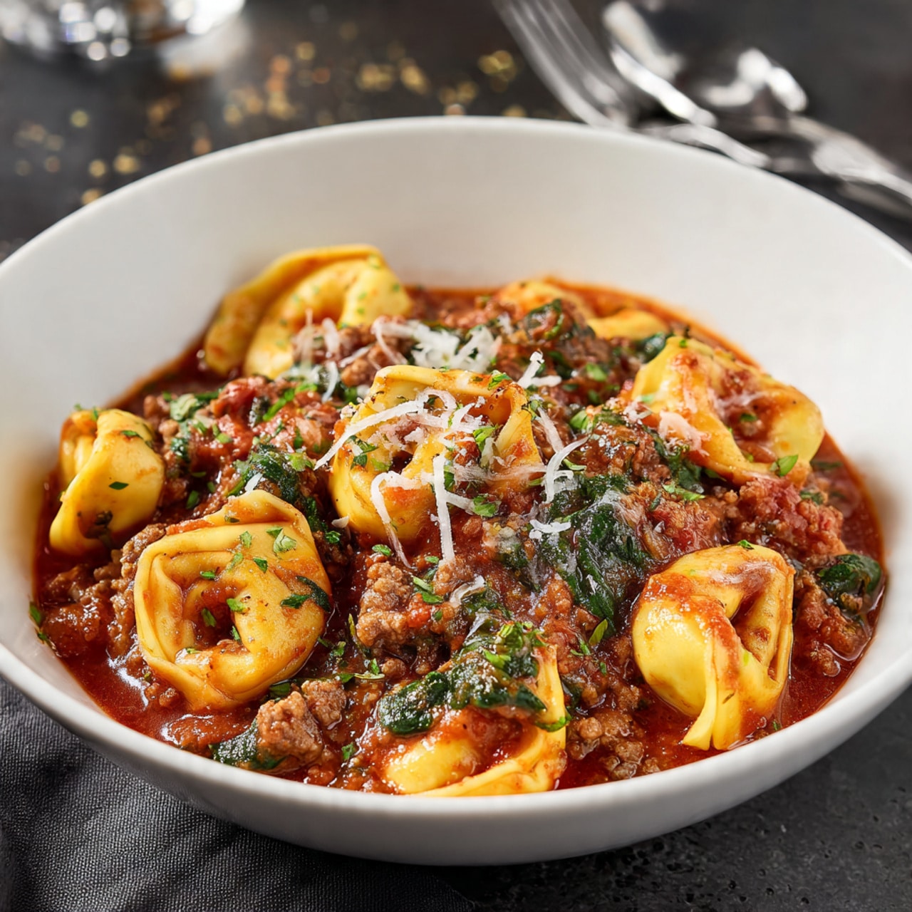A white bowl filled with a rich red tomato sauce mixed with small pieces of green spinach and browned ground meat. On top of the sauce are several round tortellini pasta, soft and light yellow-orange in color, partly covered in sauce. The dish is sprinkled with thin, pale yellow grated cheese and small bits of green herbs, adding texture and color contrast. The bowl sits on a dark surface with some scattered pasta crumbs and two silver forks placed nearby. photo taken with an iphone --ar 4:5 --v 7