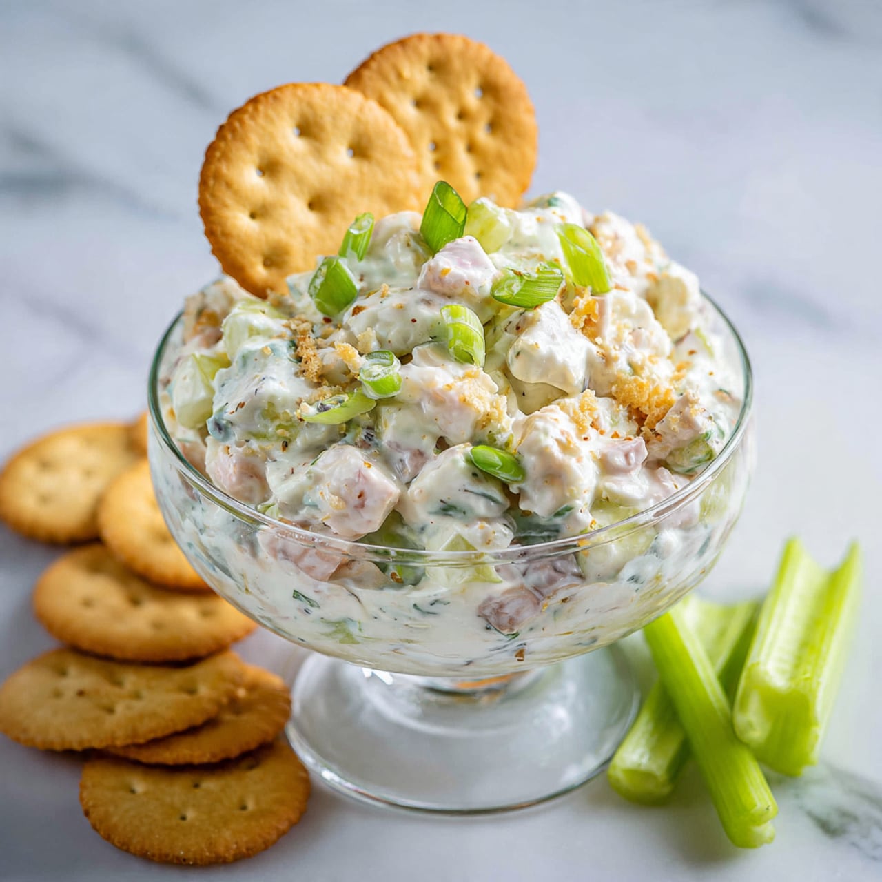 The image shows a clear glass bowl filled with a creamy salad made of white and light pink pieces mixed together, topped with chopped green onions. A round golden cracker is placed on top inside the bowl. Around the bowl, more golden round crackers and a light green celery stick are arranged on a white marbled surface. The texture of the salad looks smooth and chunky with visible small bits of ingredients. photo taken with an iphone --ar 4:5 --v 7