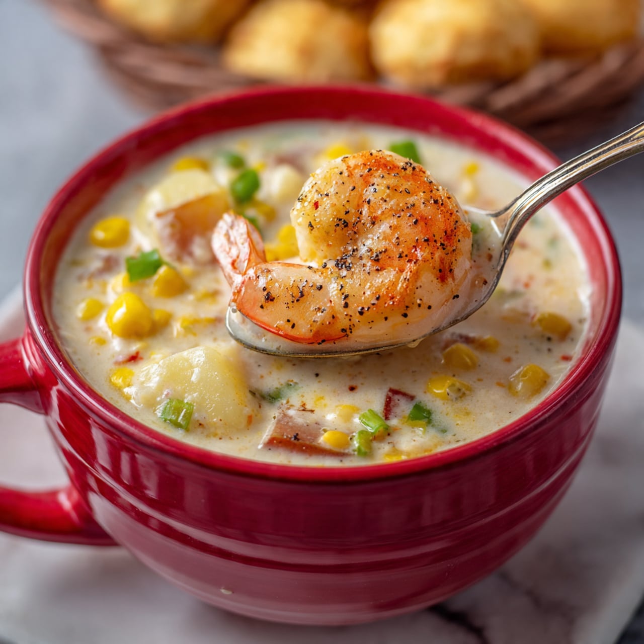 A red bowl filled with creamy white soup, showing bright yellow corn kernels, small green onion pieces, and light orange shrimp. One shrimp is held up on a silver spoon, its orange color spotted with black pepper. The soup also has small bits of red seasoning and tiny potato chunks floating inside. The bowl sits on a white marbled surface, and in the blurry background, there is a basket with golden brown round snacks. photo taken with an iphone --ar 4:5 --v 7