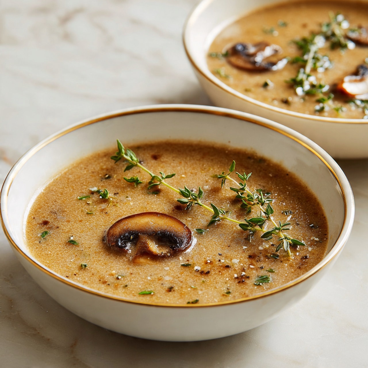 The image shows two white bowls of creamy brown mushroom soup set on a white marbled surface. In the front bowl, there is a single mushroom slice floating on top, with a sprig of green thyme placed diagonally across the soup, adding a fresh touch. The soup has a smooth, thick texture with tiny bits of mushroom visible throughout. In the background, the second bowl has small mushroom pieces and herbs sprinkled over the soup, giving it a slightly textured look. Both bowls have a thin gold rim along the edge. Photo taken with an iphone --ar 4:5 --v 7