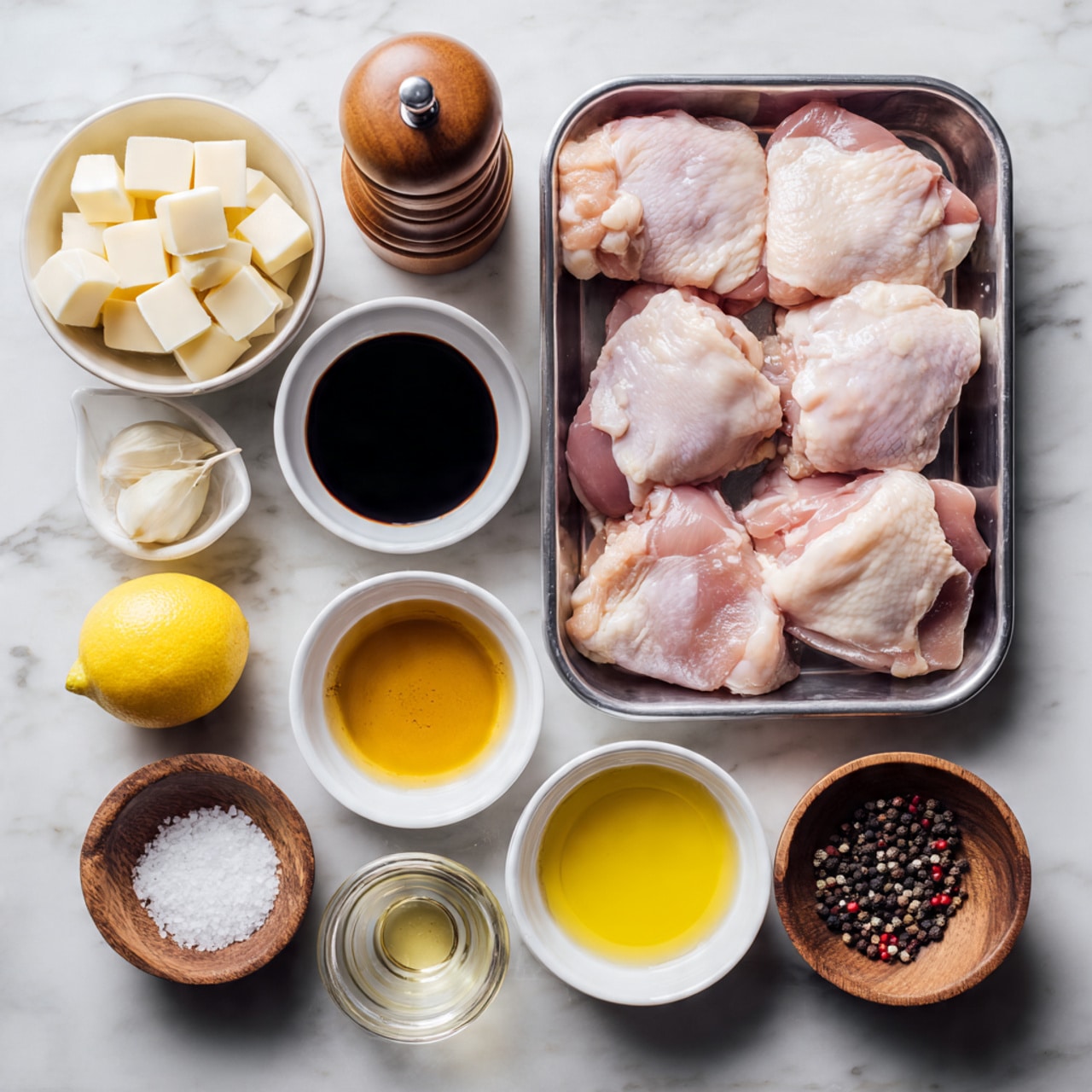 The image shows raw chicken thighs placed on a metal tray in the top right corner, light pink with smooth texture. Surrounding the tray on a white marbled surface are small white bowls and containers holding various ingredients: one bowl with creamy white butter cubes, another with dark soy sauce, one with chopped garlic, one with a small yellow lemon, one with golden honey, another with clear light vinegar, and two small wooden containers filled with coarse salt and black peppercorns. A large tall wooden pepper grinder is placed to the left of the tray. The layout is neat and organized, with all items clearly visible and evenly spaced. Photo taken with an iphone --ar 4:5 --v 7