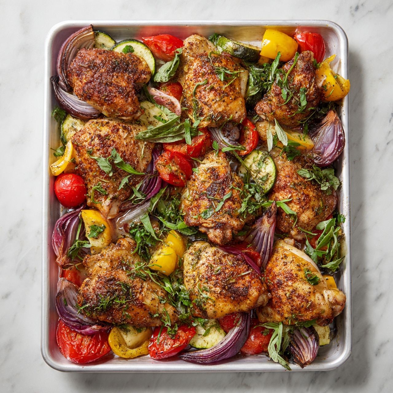 A white tray filled with roasted chicken pieces that are golden brown, seasoned, and slightly crispy. The chicken rests on a bed of roasted vegetables including vibrant red tomato slices, yellow zucchini, green herbs, and purple onion wedges, all caramelized with a light char. There is a mix of green leafy herbs scattered over the dish. The tray is set on a white marbled surface. photo taken with an iphone --ar 4:5 --v 7