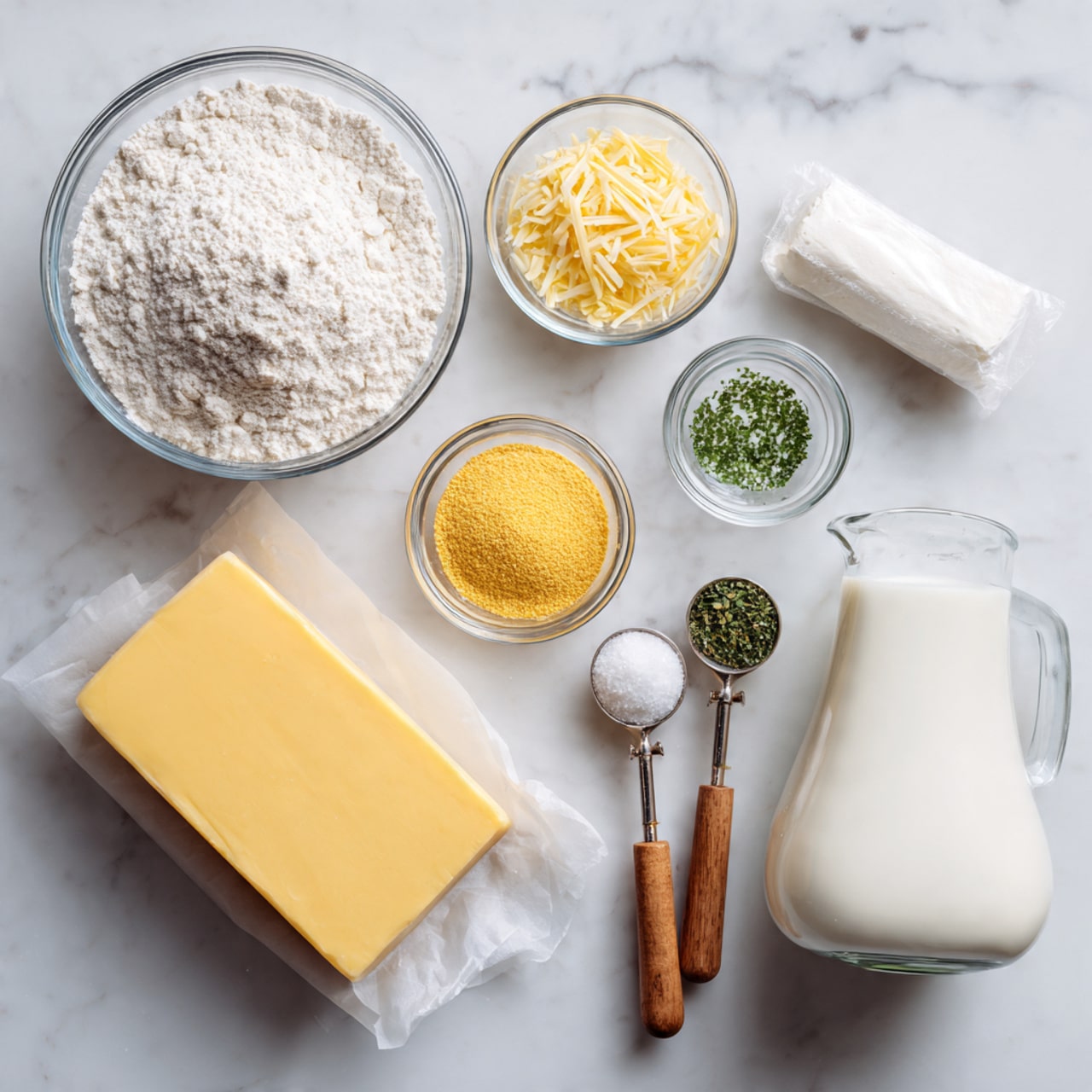 The image shows a collection of cooking ingredients neatly arranged on a white marbled surface. Starting from the left, there is a large clear bowl filled with white flour. Below it, a big block of yellow cheese with a smooth texture sits flat. Above and to the right are two small glass bowls; one contains white salt, and the other has a mix of yellow powder and finely chopped green herbs. Next to these, two measuring spoons with wooden handles hold white granulated sugar and a yellow seasoning powder. A small clear bowl with a white powder is placed near them. On the far right, there is a tall glass jug filled with a white liquid, likely milk, and in front of it, a white wrapped stick of butter. Everything is shown from a top-down view, clear and bright, photo taken with an iphone --ar 4:5 --v 7