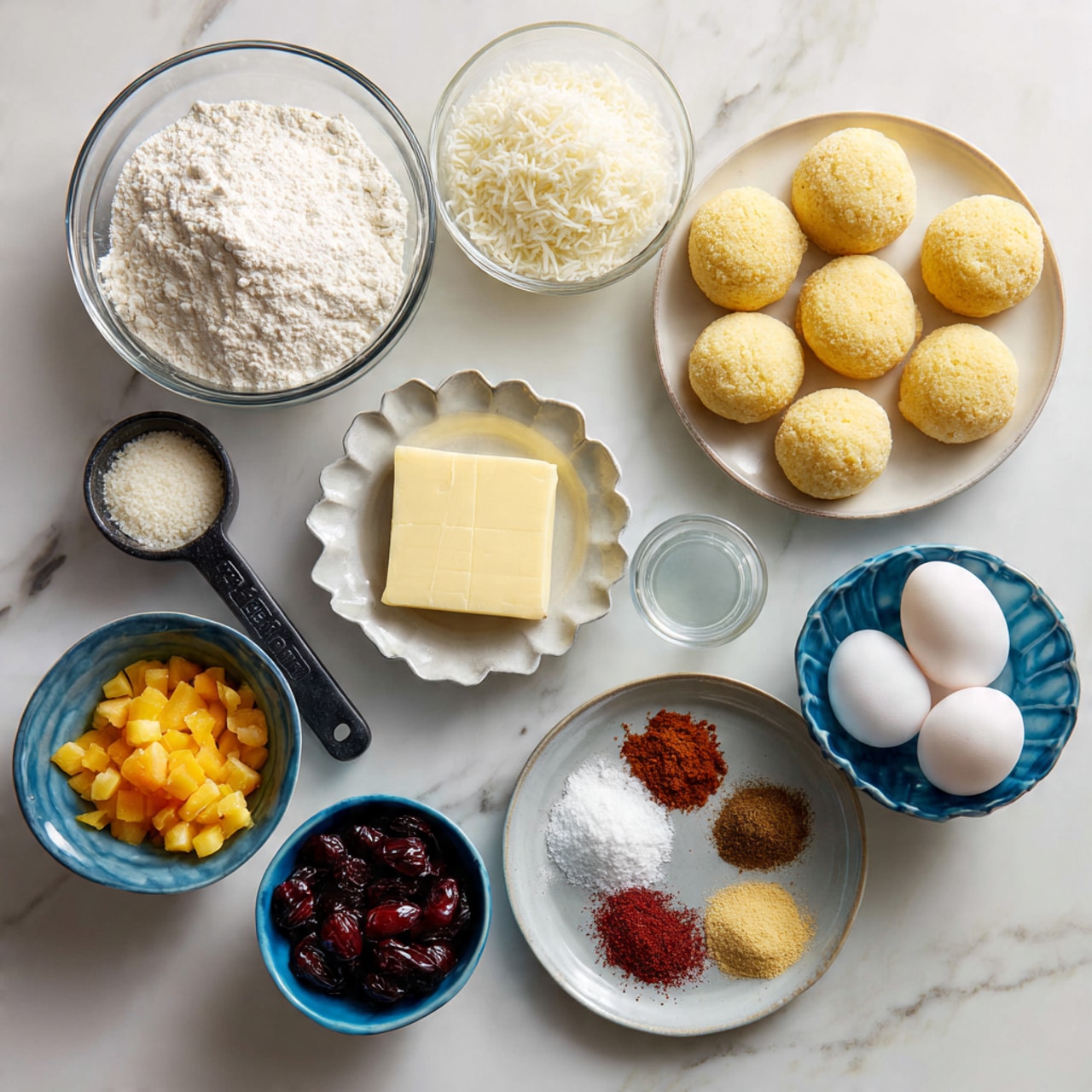The image shows several small bowls and plates arranged on a white marbled surface, each holding a different ingredient. There is a clear glass bowl of white flour with a small dip, a clear glass bowl filled with white sugar, and a white plate with nine round, pale yellow cookies or biscuits arranged neatly. Nearby, a small black measuring cup holds shredded white coconut. A stick of pale yellow butter sits on a white scalloped plate. A small blue bowl contains three white eggs stacked together, while another blue bowl holds chopped yellow-orange fruit pieces. A small clear glass cup is filled with a clear liquid, possibly water. A light gray plate displays eight different powders and spices, each in small piles, showing colors ranging from white and dark brown to reddish and yellow tones. A blue bowl contains dark, dried cherries or berries, and a clear glass measuring cup is filled with white milk. The colors are soft and natural, all placed in simple bowls and plates, with no visible woman's hand in the frame. Photo taken with an iphone --ar 4:5 --v 7