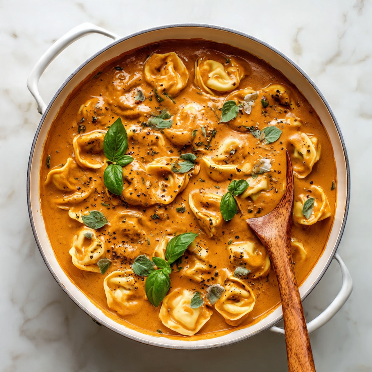 The image shows a white pan filled with pasta and sauce, layered with tortellini coated in a creamy orange-brown sauce covering the whole pan. On top, there are scattered fresh green leaves with a soft texture adding a touch of color and freshness. The sauce has a smooth, thick look, mixing well with the pasta. A wooden spoon rests on the side, slightly inside the dish, ready to serve. The background is a white marbled texture, clean and bright. Photo taken with an iphone --ar 4:5 --v 7