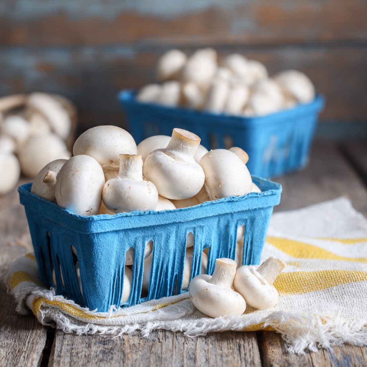 The image shows a blue plastic box filled with fresh white mushrooms stacked closely together, with a few mushrooms resting on a soft white and yellow striped cloth to the right. Behind it, there is a similar blue box filled with more white mushrooms, slightly out of focus. The setting is on a wooden table with visible grain and texture, giving a rustic feel. Photo taken with an iphone --ar 4:5 --v 7