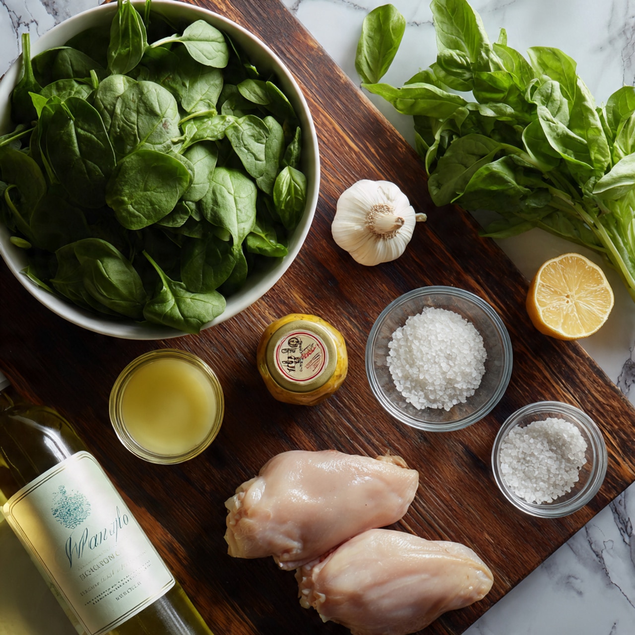 The image shows a white round bowl filled with fresh green spinach leaves placed on the upper left side of a dark wooden board with other items neatly arranged around it. To the right of the bowl, there is a bunch of bright green basil leaves and a bulb of garlic. Below the spinach bowl are two raw, pale pink chicken pieces placed side by side on the board. To the right of the chicken, there is a bottle of light green Matua wine and a small glass bowl filled with white granulated sugar. Above the sugar bowl is a small clear jar of yellow mustard sauce with a red label. Between the chicken and wine, there is a small glass bowl with a light yellow juice, possibly lemon juice, and next to the sugar bowl, another small bowl filled with coarse white salt. The surface beneath everything is a white marbled texture. Photo taken with an iphone --ar 4:5 --v 7