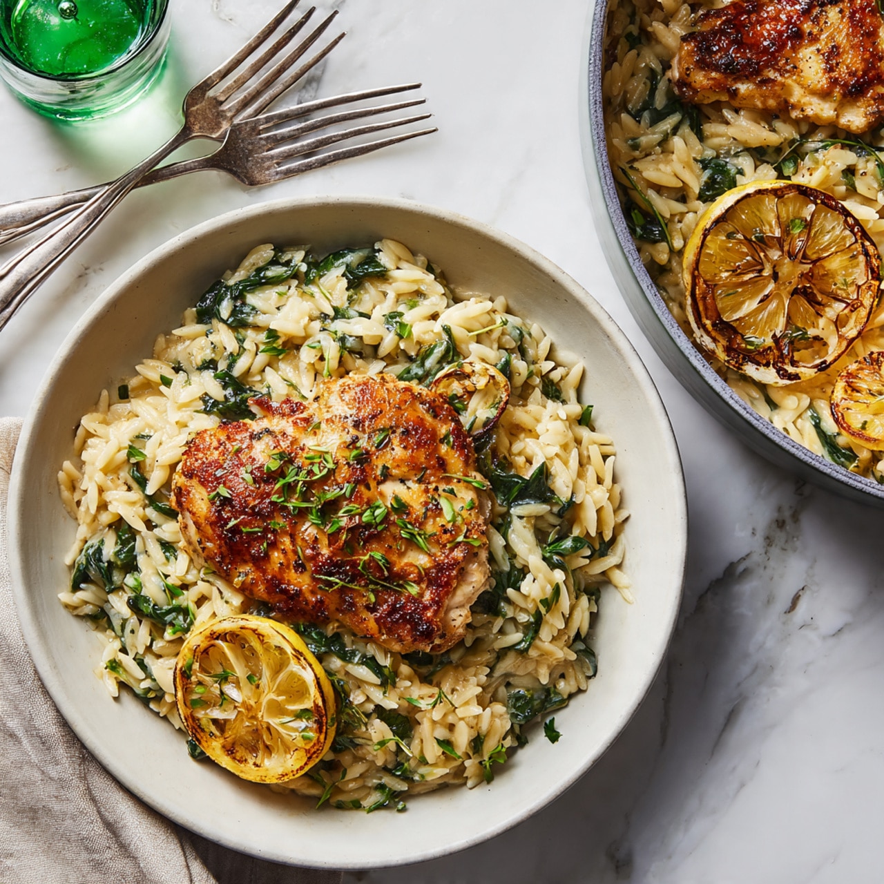 A white plate on a white marbled surface holds a creamy orzo dish with visible green spinach leaves mixed in. On top of the orzo sits a piece of golden-brown cooked chicken with a crispy texture, garnished with small green herbs. A caramelized lemon slice rests on one side of the chicken. Nearby, a gray pot filled with the same dish shows another caramelized lemon slice on top. Silver forks and knives lie above the plate, while a glass containing a greenish liquid is partially visible on the left. The setting is bright and natural. photo taken with an iphone --ar 4:5 --v 7