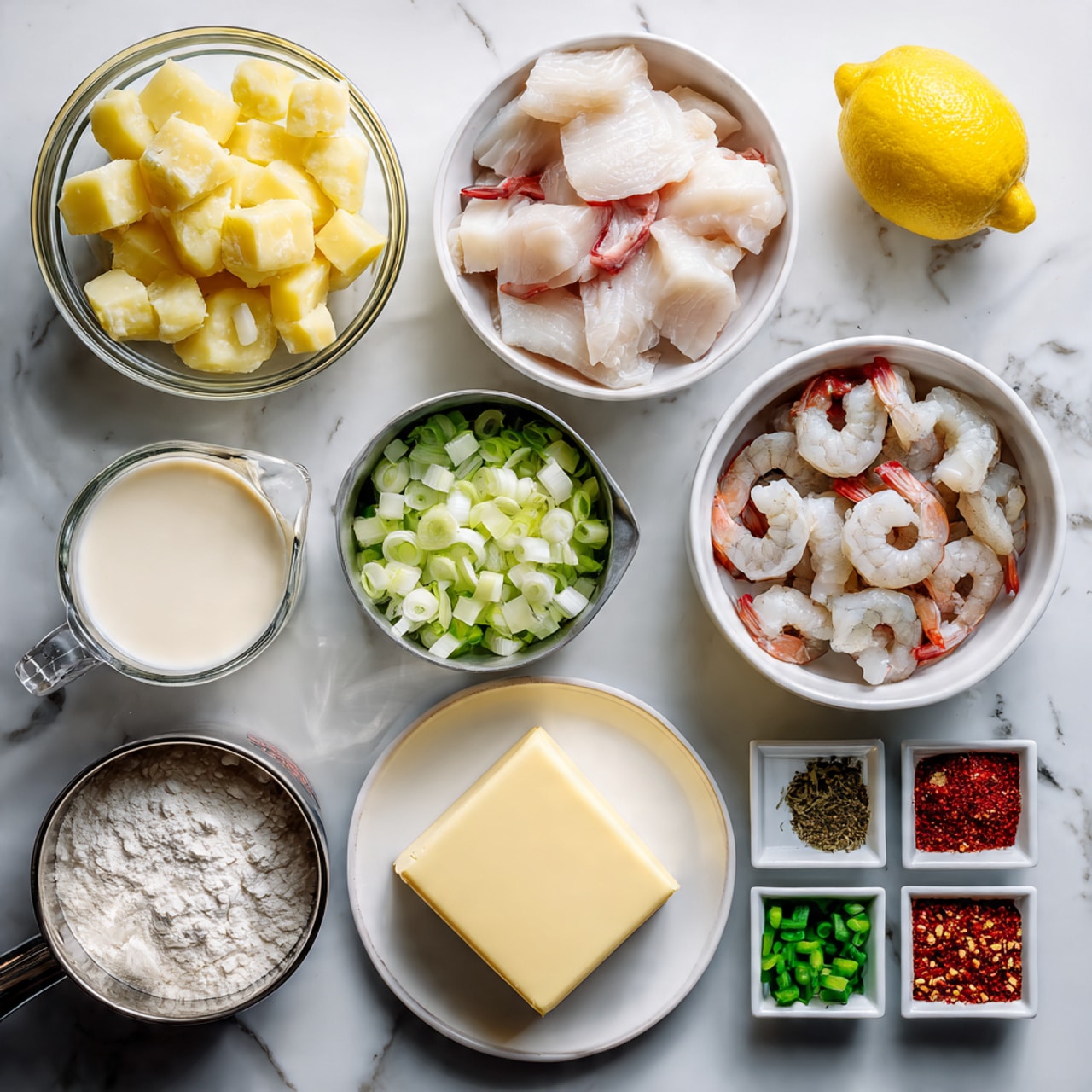 The image shows various clear and white bowls placed on a white marbled surface, each filled with different cooking ingredients arranged neatly. In the top left corner, a clear glass bowl is filled with light yellow diced potatoes, next to it on the right, a white bowl contains pieces of raw white fish with pink edges. Below these, a white bowl with raw shrimp rests near an open tin of clams in brine. To the left, a clear measuring cup holds a creamy white liquid, and next to it a small white bowl is filled with chopped white onions. In the center bottom area, a small white bowl contains diced green bell peppers, while to the right, a white plate holds a thick square of yellow butter. In the bottom left corner, a silver measuring cup contains white flour. Near the bottom right, small white square dishes contain red seasoning powder, a salt and pepper mix, and chopped green herbs. Finally, a whole bright yellow lemon sits beside these small dishes. photo taken with an iphone --ar 4:5 --v 7