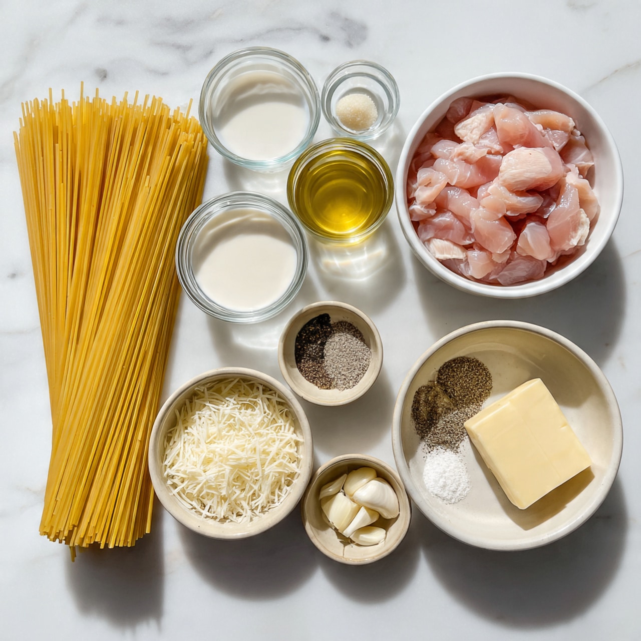 The image shows various ingredients arranged neatly on a surface with a white marbled texture. On the left, there is a white bowl filled with uncooked yellow spaghetti standing upright, next to small glass containers holding white cream and light brown broth. To the right, a white bowl is filled with raw cut pieces of pink chicken. Small beige dishes hold grated cheese, minced garlic, two small butter slabs, and a mix of black pepper and salt. The arrangement is clean and organized, viewed from above with even lighting. photo taken with an iphone --ar 4:5 --v 7