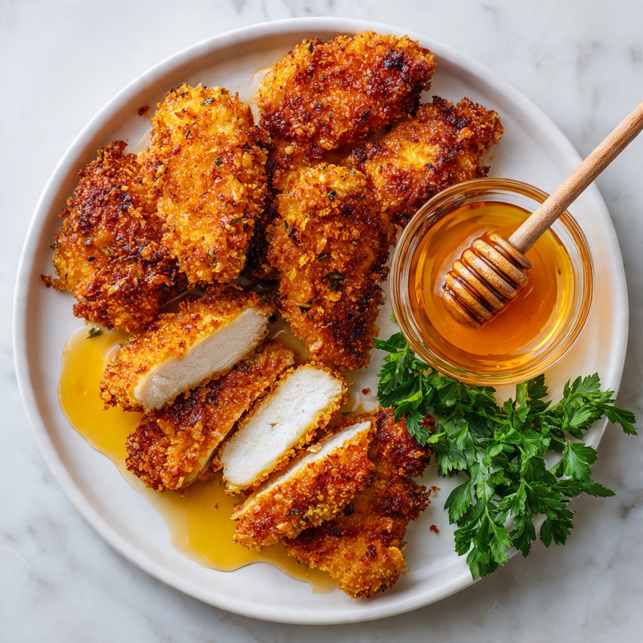 A white plate holds a golden brown fried chicken tender both whole and sliced into about seven pieces on the left half of the plate. The crispy texture is visible with rough, crunchy coating, and the sliced pieces show white juicy inside. The fried chicken is covered with shiny orange sauce dripping around it. On the upper right side of the plate, there is a small clear bowl filled with more orange sauce and a wooden honey dipper resting inside. A small bunch of fresh green parsley is placed on the right edge of the plate. The plate is set on a white marbled surface. photo taken with an iphone --ar 4:5 --v 7