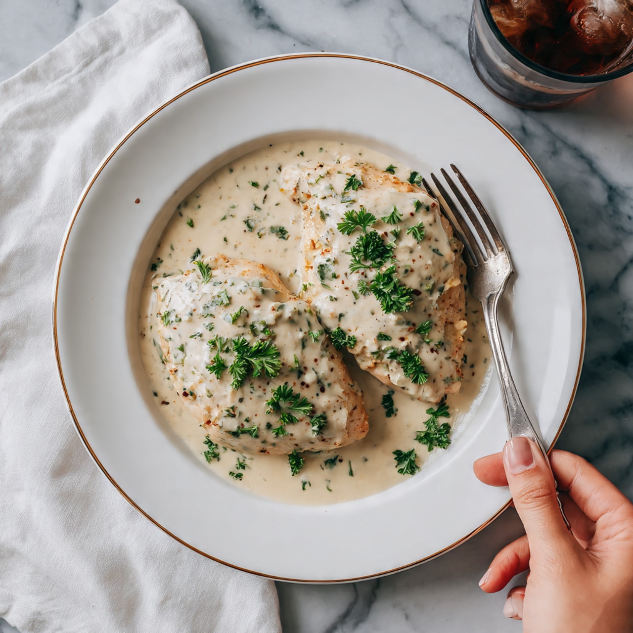 The image shows two pieces of cooked chicken on a white plate with a thin gold rim. Each piece of chicken is covered with a white creamy sauce that has small bits of herbs and black pepper. The sauce looks thick and smooth, with green parsley sprinkled on top of both pieces, adding a fresh touch. The plate sits on a white and grey marbled surface with a white cloth napkin nearby. A woman’s hand holding a fork is seen near the plate, ready to eat. There is a glass of dark iced drink at the top right corner of the image. photo taken with an iphone --ar 4:5 --v 7