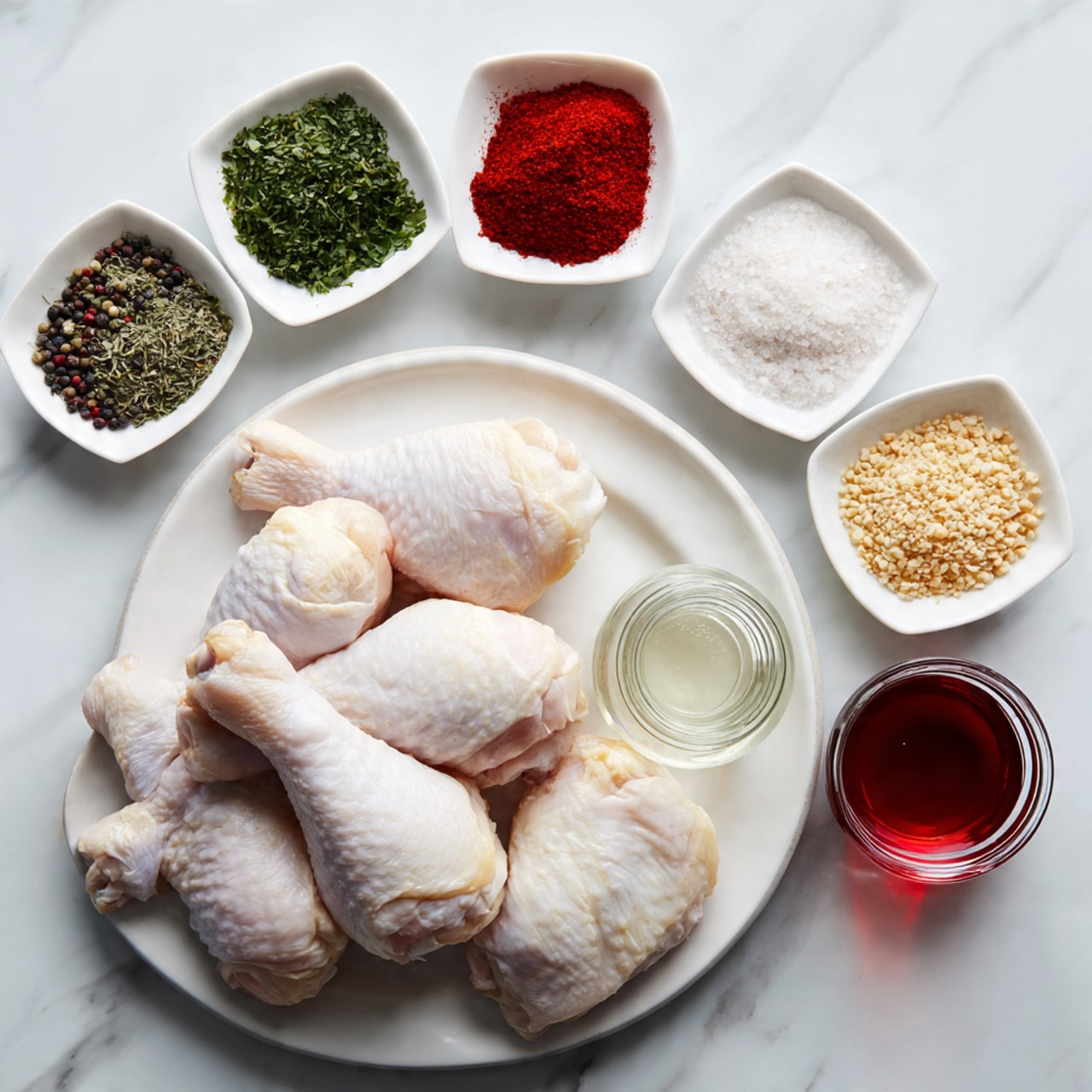 The image shows a white plate filled with four raw chicken drumsticks placed at the bottom center. Above the plate, there are seven small white square bowls arranged in a curved pattern on a white marbled surface. Each bowl holds a different ingredient including green herbs, red powder, white granulated substance, light brown granules, black seeds, and two other spices. In the middle of the curved layout, there are two small glass jars, one filled with a white liquid and the other with a red liquid. The setup is neat and clean with a bright, soft light illuminating the ingredients. Photo taken with an iphone --ar 4:5 --v 7