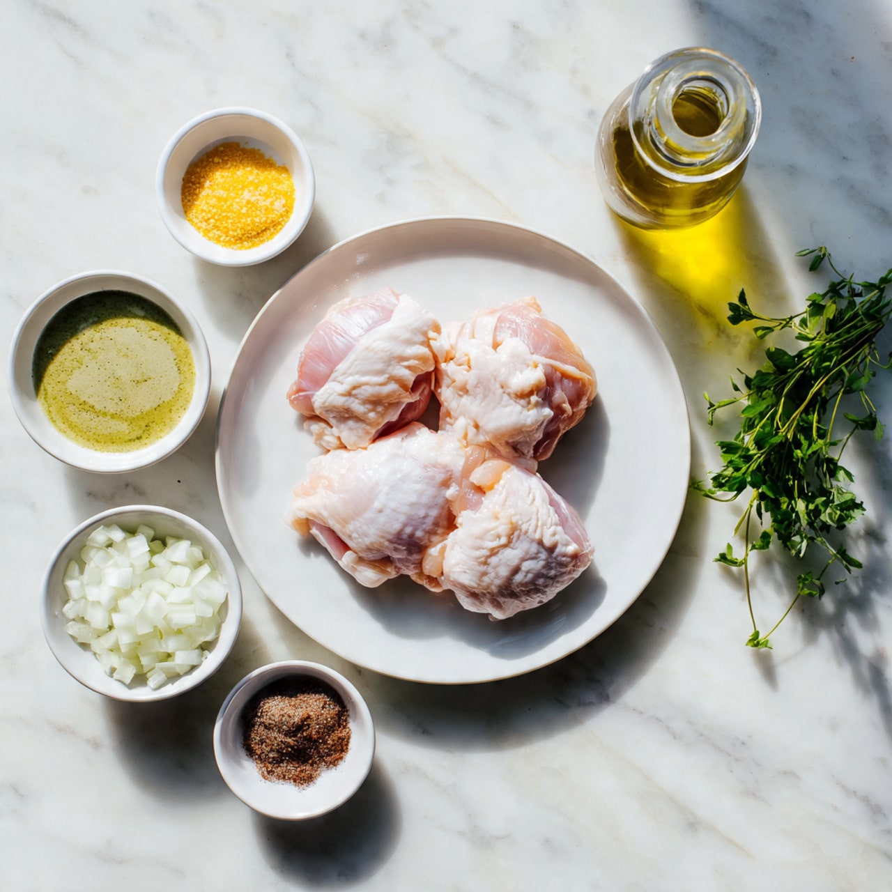 The image shows a white round plate with three raw chicken pieces placed on it, positioned in the center of a white marbled surface. Surrounding the plate are small white bowls containing various ingredients: chopped onions, a light yellow powder, thick white cream, a greenish thick sauce, and a small amount of dark brown paste. There is also a glass bottle with clear oil and a sprig of fresh green herbs near the top right corner. The lighting is bright and natural. Photo taken with an iphone --ar 4:5 --v 7