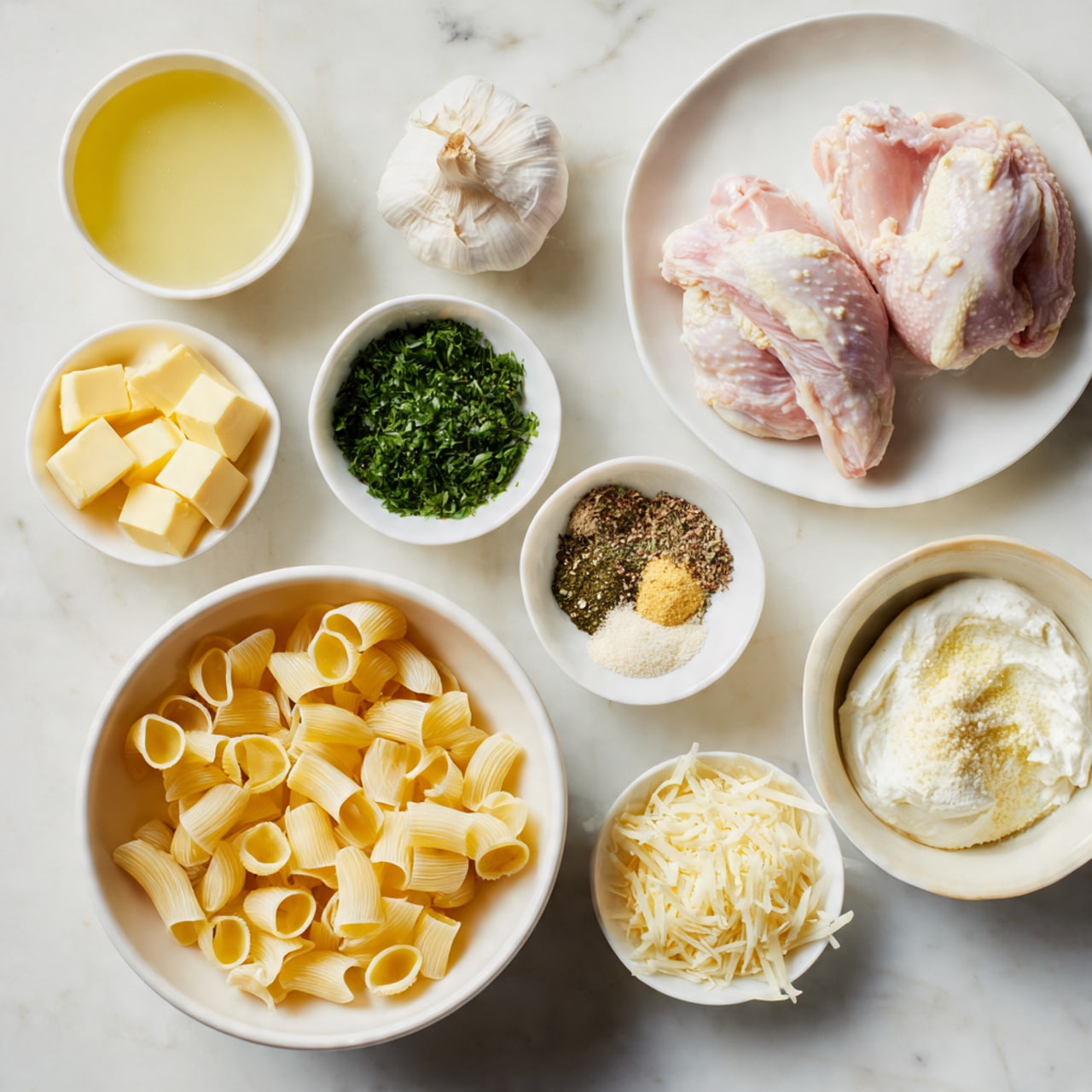 The image shows several small white bowls with different cooking ingredients on a white marbled surface. At the top right, there is a white plate with two raw pink chicken pieces. Around it, there are small bowls containing yellow butter cubes, a light yellow-green broth, smooth white cream, a mixture of four spices divided neatly, chopped green parsley, pale minced garlic, light yellow pasta tubes filling a bowl, thick white cream, and finely grated pale yellow cheese. The ingredients are arranged neatly and brightly lit, displaying a fresh and clean cooking setup. photo taken with an iphone --ar 4:5 --v 7