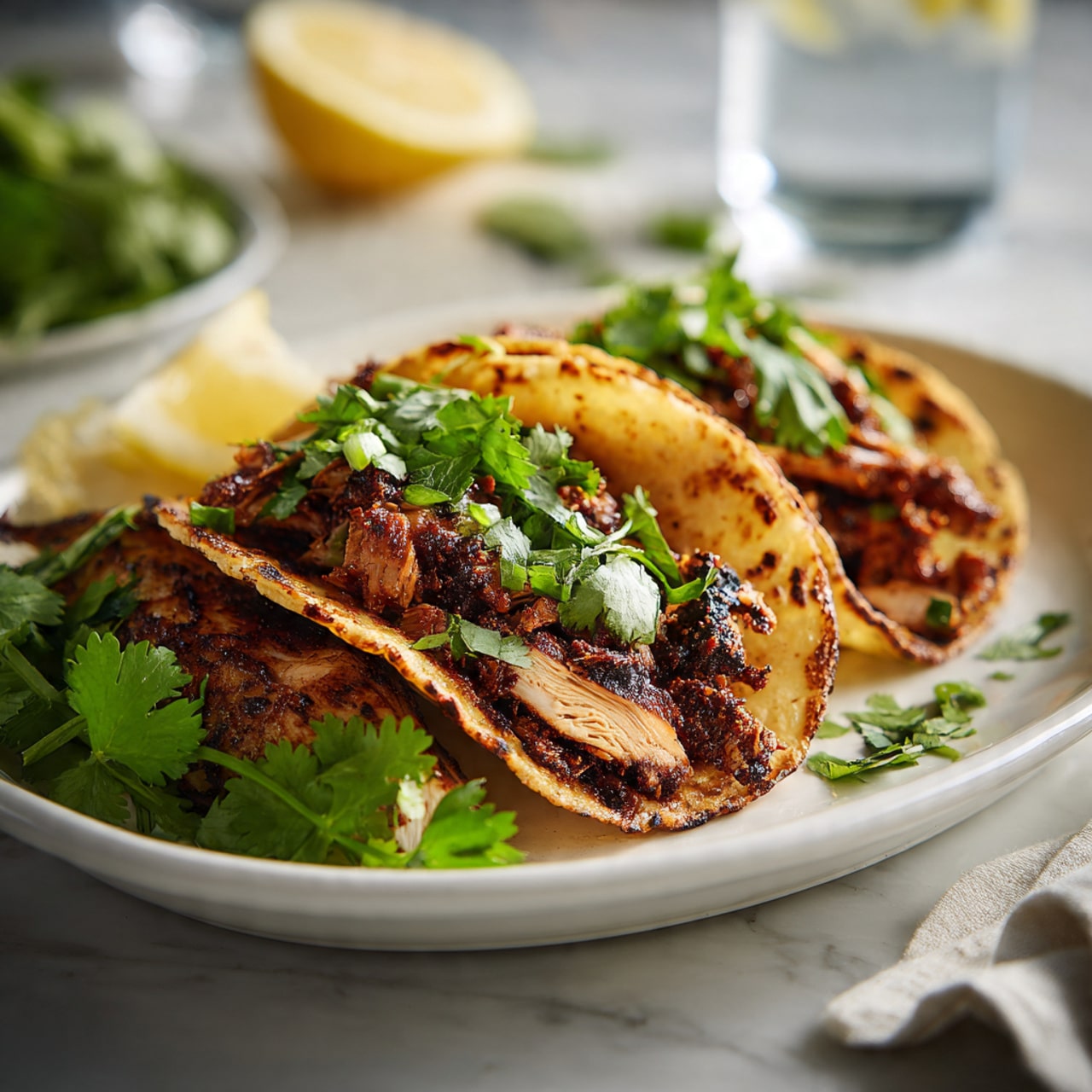 The image shows a white plate on a white marbled surface with two tacos stacked on top of a piece of golden brown grilled chicken. The tacos have browned, crispy shells filled with dark brown cooked meat, and are arranged at an angle leaning on the chicken. Bright green cilantro leaves are scattered around the plate and on top of the chicken. A lemon wedge is partially visible to the side, and a glass of water and white napkin are slightly blurred in the background. The scene looks fresh and colorful with warm tones from the meat and chicken contrasting with the green garnish. Photo taken with an iphone --ar 4:5 --v 7