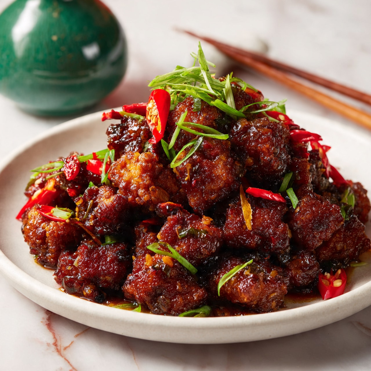 The dish shows a pile of crispy fried pieces coated in a shiny, dark brown sauce with red chili slices and chopped green onions sprinkled on top. The pieces have a rough, crunchy texture with bits of sauce sticking to them. The plate is white, placed on a white marbled surface. A pair of wooden chopsticks lies near the plate with a green ceramic vase in the blurred background. The colors are rich with deep browns, bright red, and fresh green. photo taken with an iphone --ar 4:5 --v 7