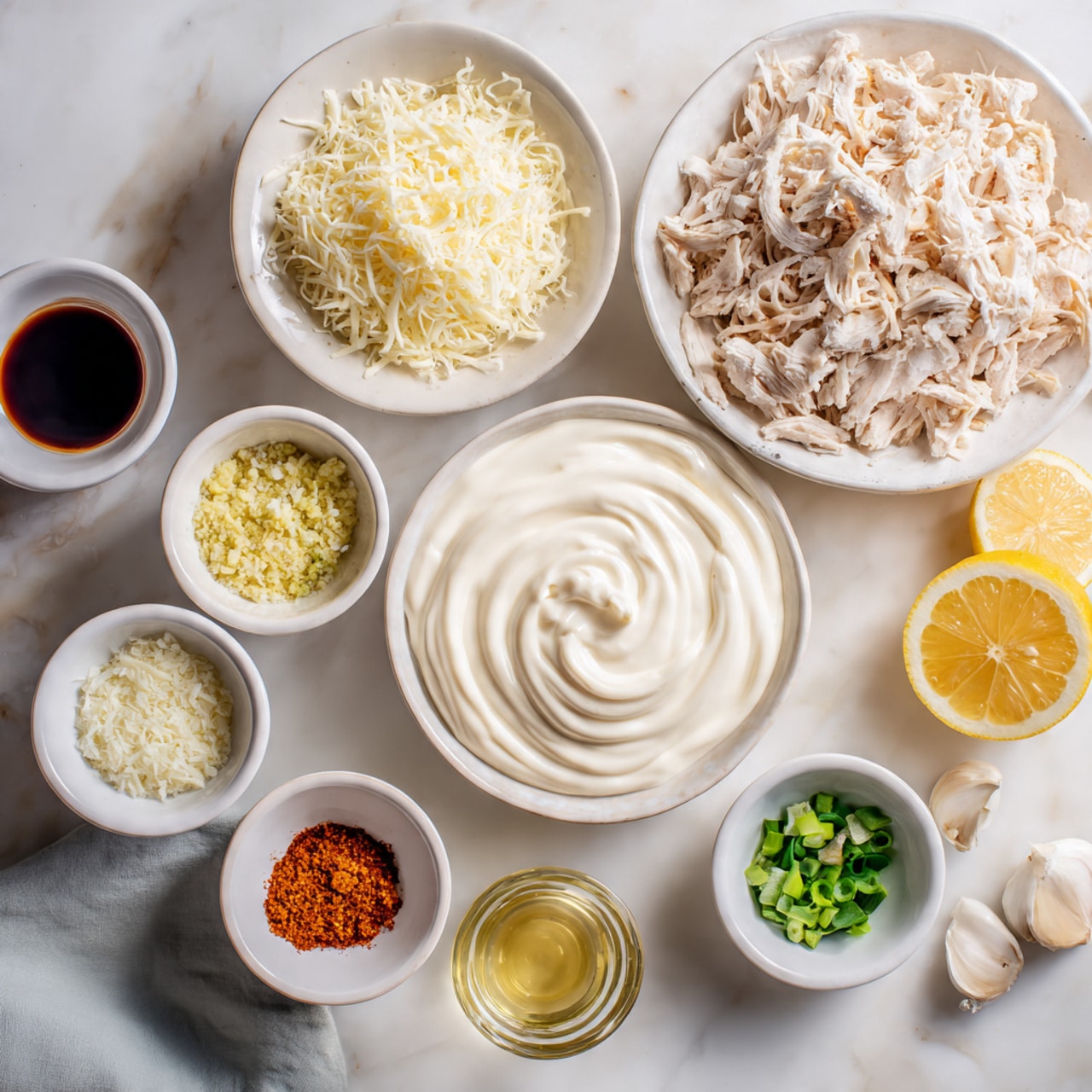The image shows a top-down view of several white bowls arranged on a white marbled surface, each containing different ingredients. In the center is a large white bowl filled with smooth, swirled white cream. To the upper left is a large white bowl filled with shredded light brown chicken. On the bottom left, there is a large white bowl with shredded white cheese. Surrounding these are small white bowls holding different spices and ingredients: finely grated garlic, lemon zest, chopped green onions, a reddish spice, a dark soy-like sauce, a light yellow powder, and a darker orange spice. On the right side, there is a glass container with pale yellow liquid and a half lemon placed nearby. The overall color palette is light with creamy whites, pale yellows, and soft greens accented by the spices. Photo taken with an iphone --ar 4:5 --v 7