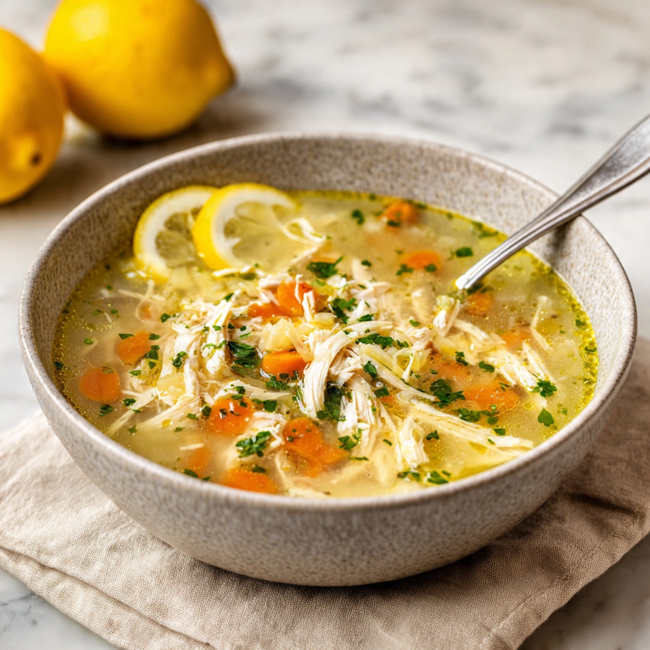 The image shows a bowl filled with a clear chicken soup containing shredded white chicken pieces, small orange carrot chunks, and bits of green herbs scattered on top. The soup has a light yellow broth with a slight oily sheen. On the surface, two thin lemon slices rest side by side, adding a bright yellow contrast. A silver spoon is placed inside the bowl on the right side. The bowl itself is textured and gray, placed on a soft beige cloth over a white marbled surface with two whole lemons in the background. Photo taken with an iphone --ar 4:5 --v 7