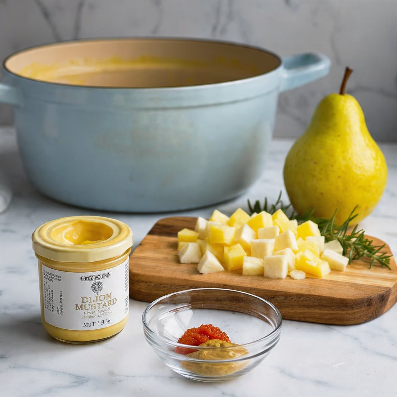 The image shows a large white pot with a blue outer surface on the left side, placed on a white marbled surface. In the foreground, there is an open jar of light yellow Dijon mustard with a white lid labeled