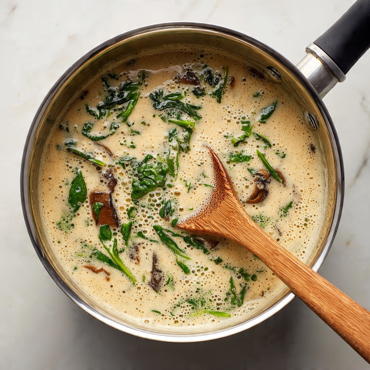 A close-up of a silver pot filled with a creamy light beige soup that has visible bubbles on the surface. Inside the soup, there are bright green leafy pieces and darker brown chunks scattered evenly throughout, giving a mix of vibrant green and rich brown colors in the creamy base. A light wooden spoon is dipped into the pot from the bottom right corner, partially submerged in the soup. The pot sits on a white marbled texture surface, and the black and silver handle of the pot extends out of the frame to the top right. Photo taken with an iphone --ar 4:5 --v 7