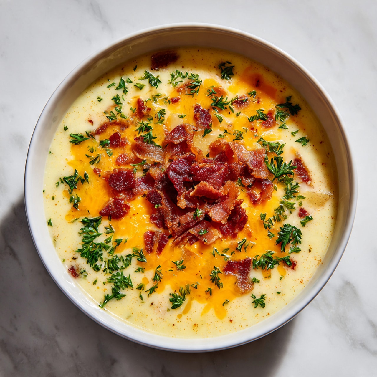 A white bowl filled with creamy soup that has a thick light yellow base with small potato chunks scattered throughout. On top of the soup, there is a layer of melted bright orange cheese covering most of the surface. Over the cheese, a generous amount of crispy reddish-brown bacon pieces is sprinkled at the center. Fresh green parsley leaves are scattered evenly across the soup, adding a touch of color. The bowl sits on a white marbled surface, with natural light highlighting the textures and colors in the dish. photo taken with an iphone --ar 4:5 --v 7