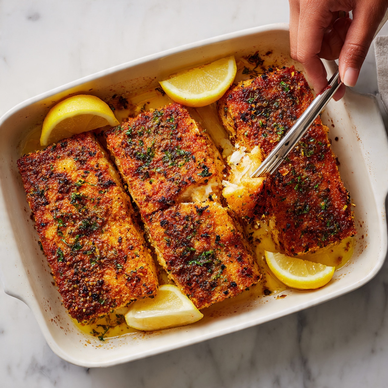 The image shows a white rectangular dish with four thick pieces of golden-brown seasoned fish, each piece layered side by side. The fish has a crispy, speckled crust with visible herbs and spices. A woman's hand is holding a fork, pulling apart a flaky piece from the closest fish portion. Two lemon wedges are placed on opposite corners of the dish, adding a bright yellow contrast. The dish is set on a white marbled surface. photo taken with an iphone --ar 4:5 --v 7