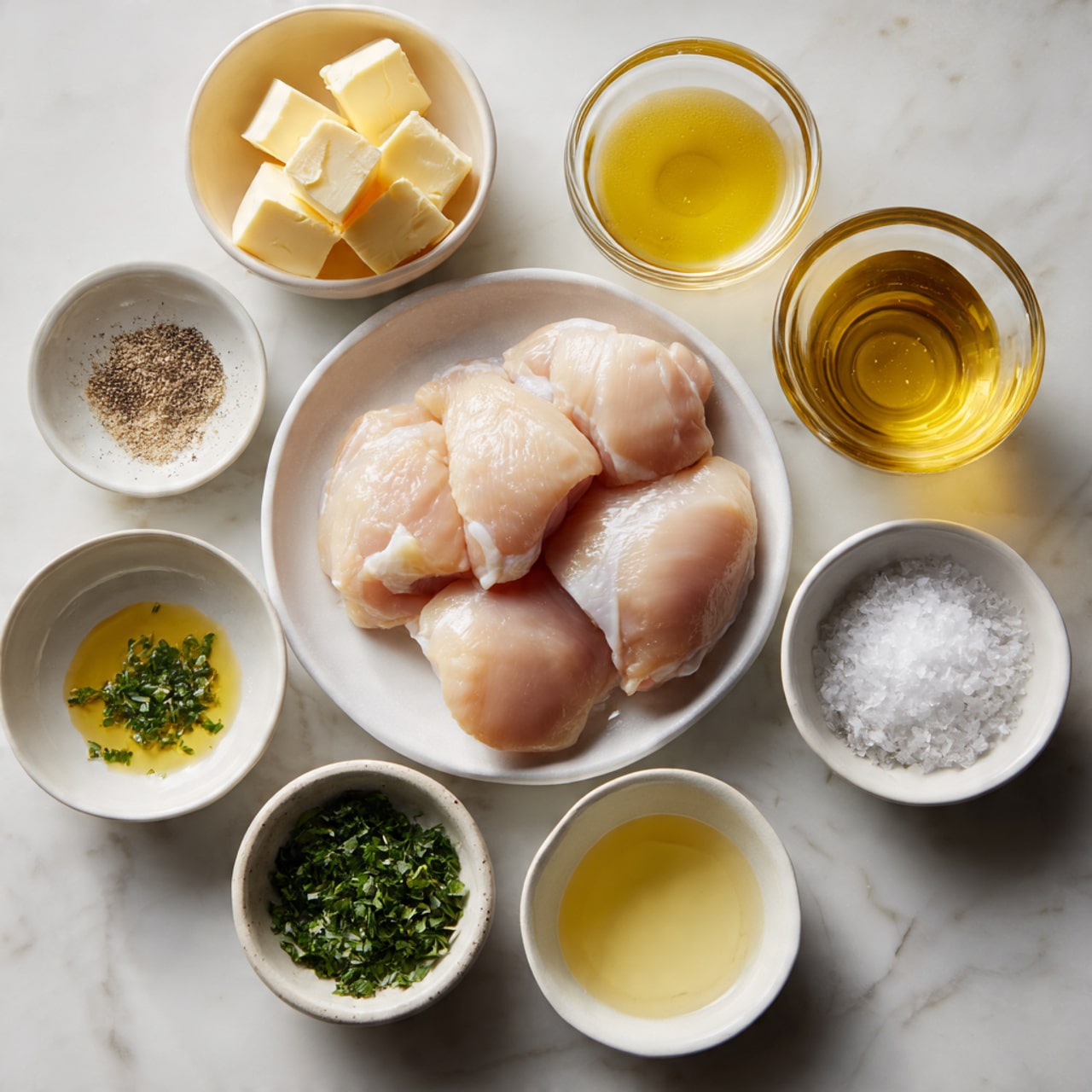 The image shows a white marbled surface with several small white bowls arranged in a circle around the center. In the middle, there is a white plate holding four raw, smooth, pale chicken pieces. Around the plate, the bowls contain various ingredients: light yellow butter cubes, clear golden honey, white creamy liquid, green chopped herbs, light yellow oil, granulated white salt, and coarse grey pepper. The scene is clean and organized with a soft natural light. photo taken with an iphone --ar 4:5 --v 7